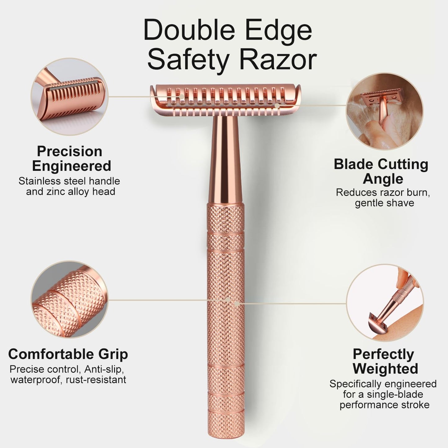 Double Edge Safety Razor with 10 Blades and Stand, Single Blade Razors for Men and Women, Long and Heavy Duty Stainless Steel Handle, Smooth Close Gentle Shave, Rose Gold