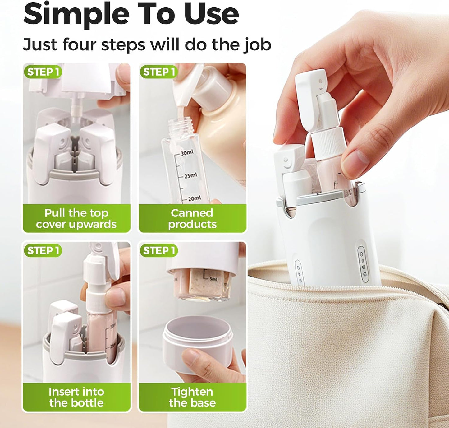 Travel Dispenser Bottle - 4 in 1 Leak-Proof Toiletries Container | Compact Shampoo & Conditioner Set (White)