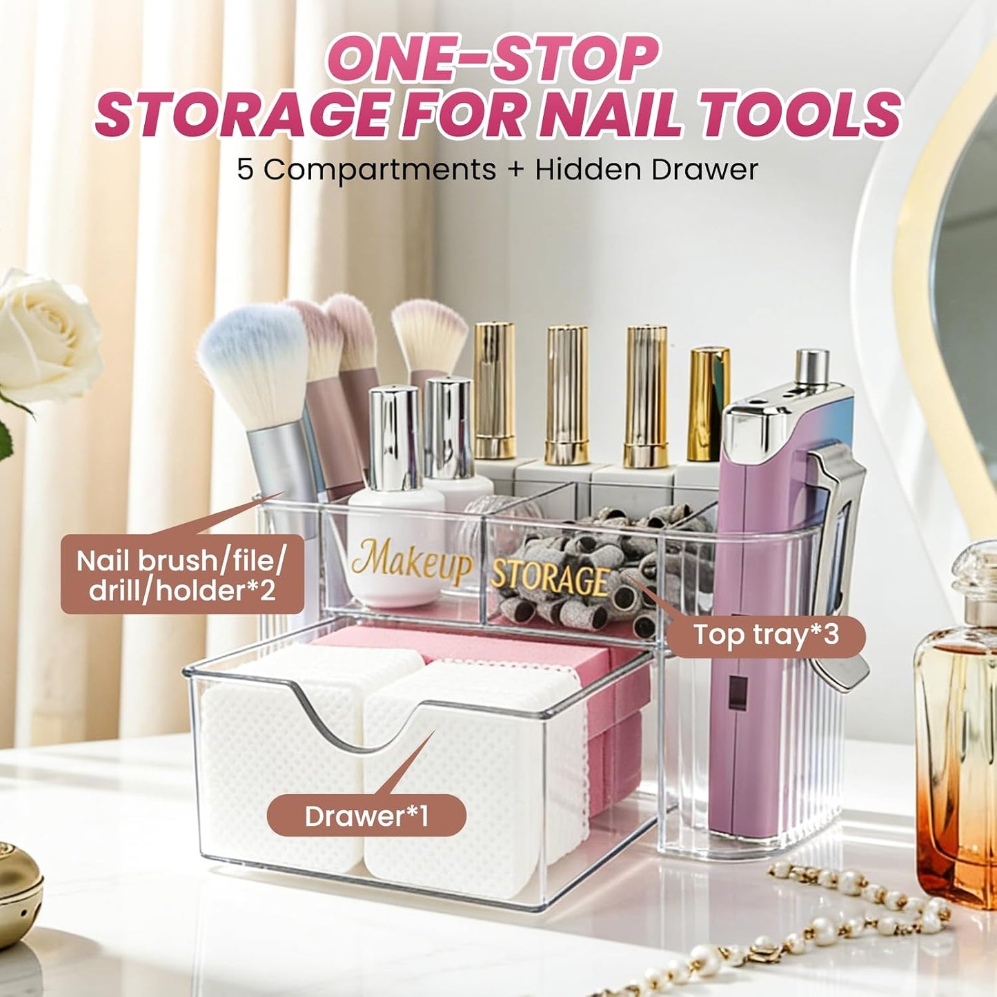 Clear Acrylic Nail Organizer - 6 Compartment Desktop Storage for Nail Art Tools & Makeup | Professional Beauty Vanity Solution