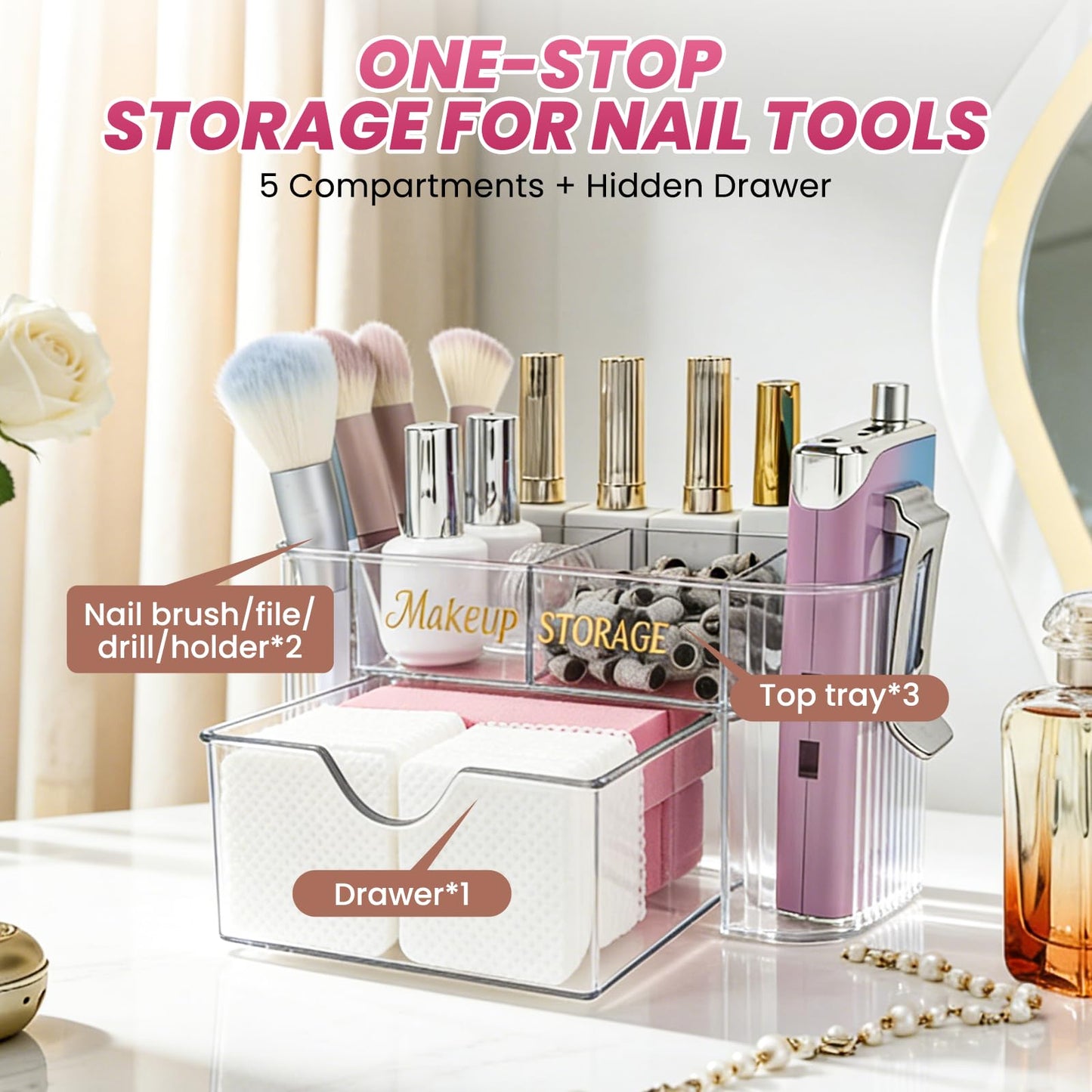 BQAN Clear Acrylic Nail Organizer with Drawer - 6 Compartment Desktop Storage for Nail Art Tools, Makeup & Cosmetics | Professional Nail Tech & Beauty Vanity Organizer