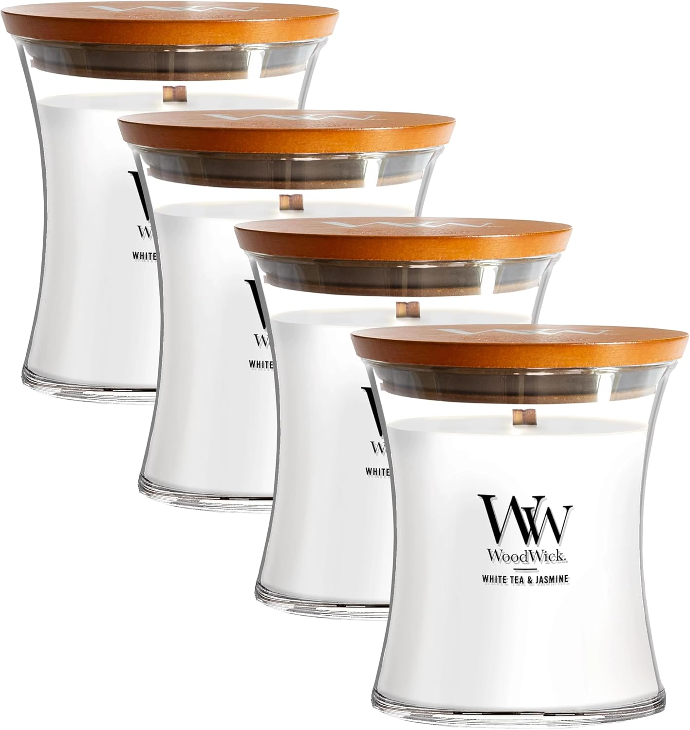 WoodWick Medium Hourglass Candle - White Tea & Jasmine Scent | 9.7oz, Crackling Burn, Perfect for Gifting (Pack of 4)