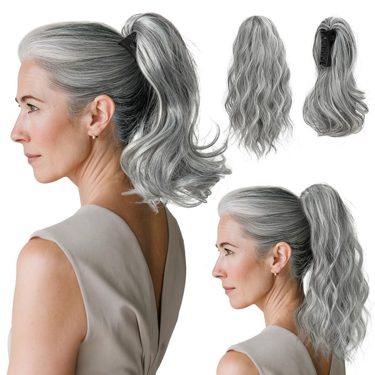 Ponytail Extensions - Wavy Curly Claw Clip Hairpieces for Women | 12" & 14" Beige Multi Set