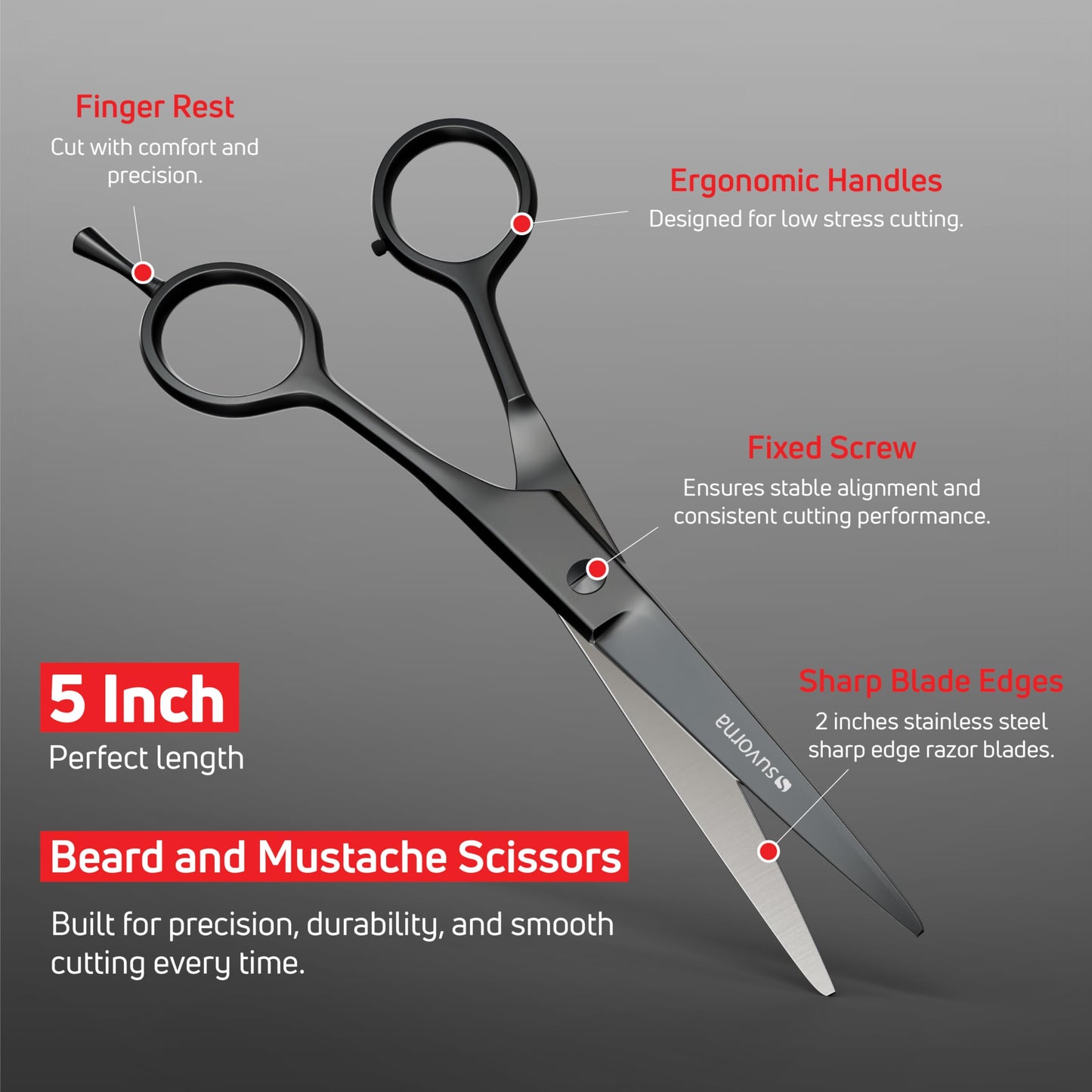 Suvorna Premium Beard & Mustache Set with Beard scissors for men, Straight Razor with blades- Facial Hair/Nose/Eyebrow Scissors - Slant Tweezers (6 Pcs Black)