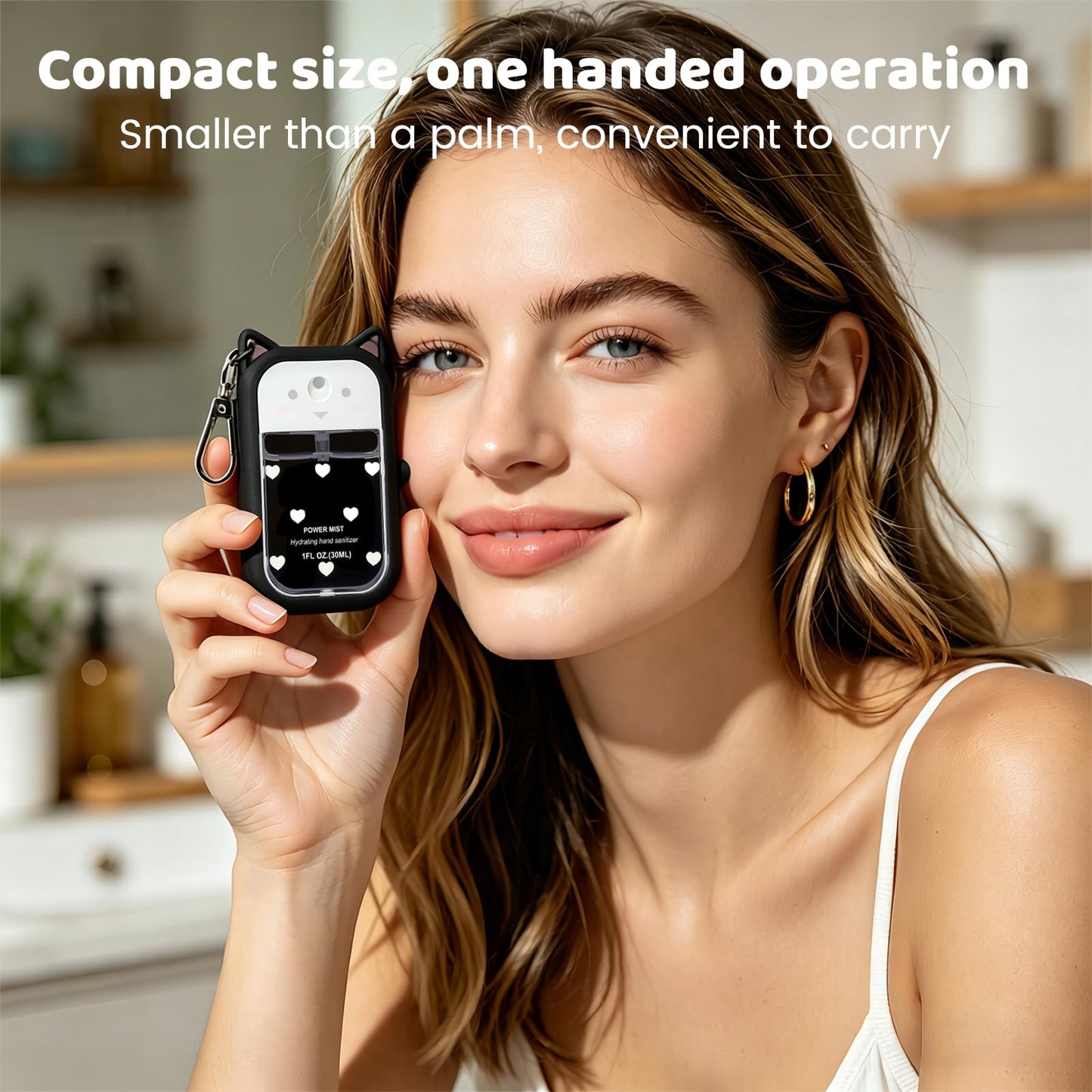 SCmedrichyr Cat Silicone Case for Touchland Hand Sanitizer Spray, Compatible with 1 FL Oz/30ML Power Mist & Glow Mist, Cute Travel Cover with Keychain & Charms (Black)