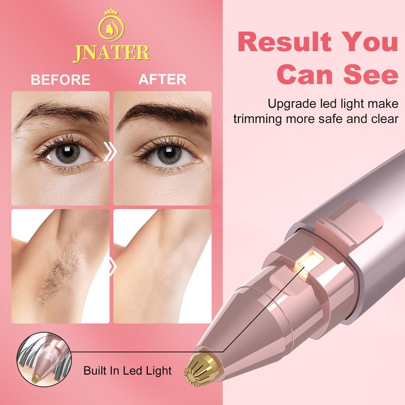 JNATER Eyebrow Facial Hair Remover - 2 in 1 Rechargeable Eyebrow Trimmer and Facial Hair Removal for Women, Painless Electric Hair Removal Device with LED Light for Face Eyebrows Peach Fuzz Lip Body