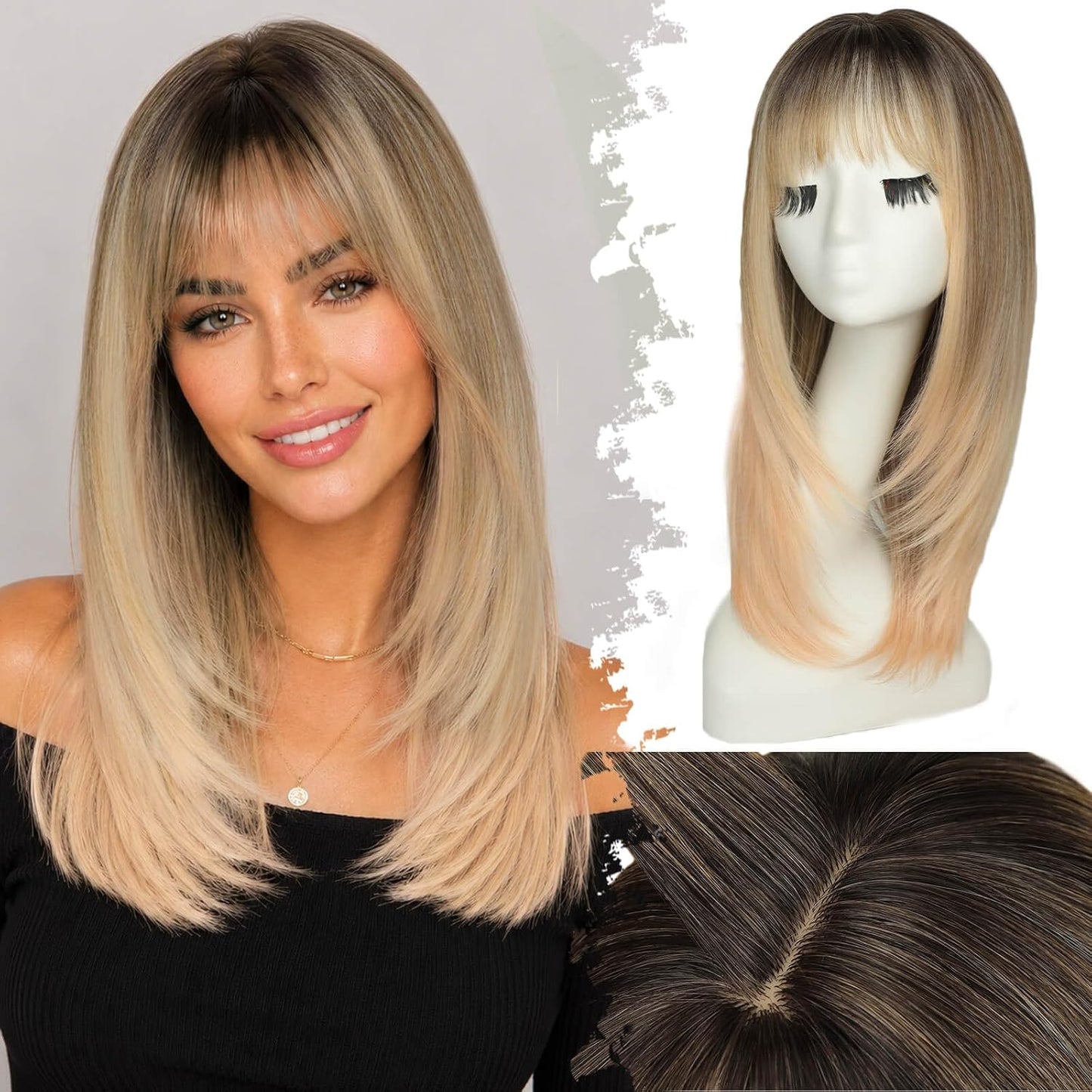 Beginner-Friendly Ash Blonde Wig with Bangs - 4x4 Glueless Synthetic Hair, Medium Length, Face-Framing Layers