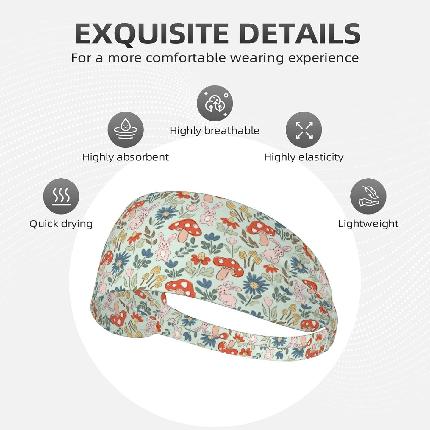 Mushroom Bunny Floral Print Headband - Light Blue Elastic Hair Band for Women | Daily Wear & Yoga