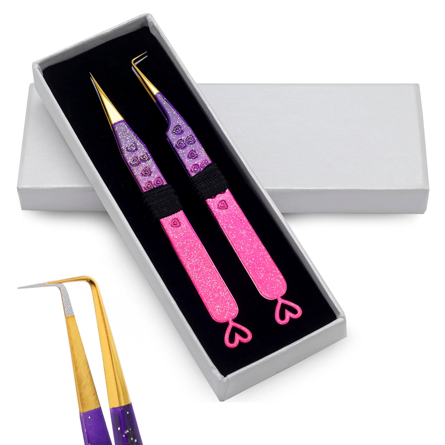 Precision Eyelash Extension Tweezers,Straight And 90-Degree, with Fiber Tip, Volume & Isolation Tweezers, Japanese Stainless Steel, Unique Heart Design (Multi-Color)