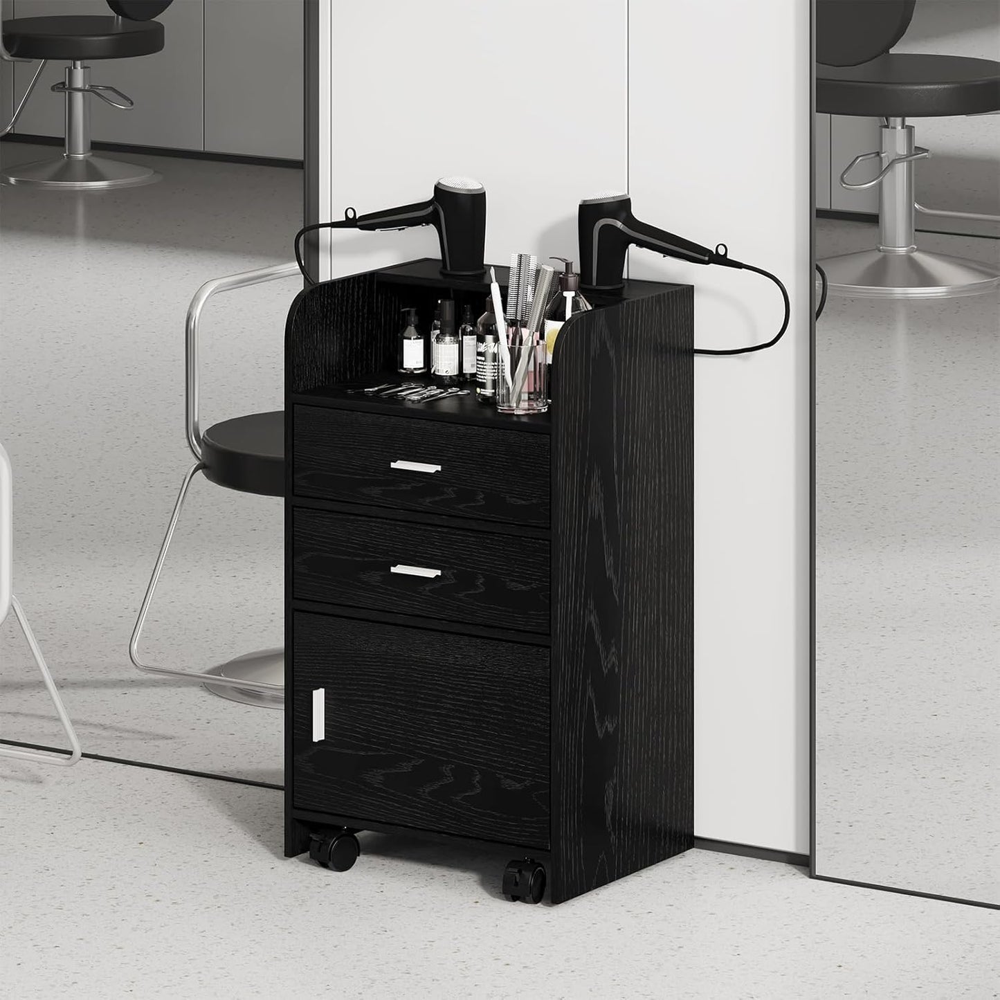 Salon Station for Hair Stylists - Mobile Organizer with Wheels | Black Beauty Barber Trolley Cart for Spa & Barbershop