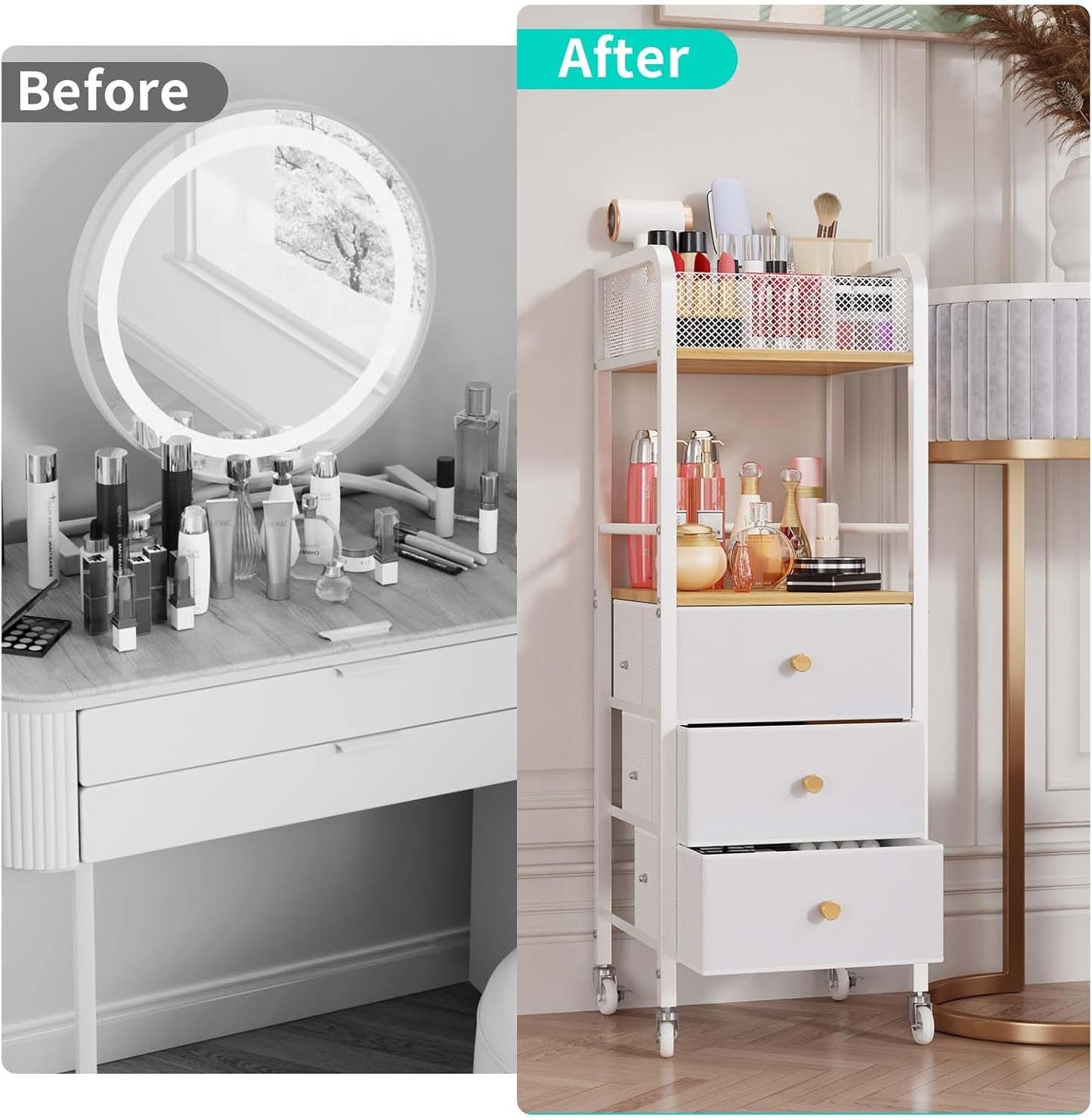 Rolling Makeup Cart Organizer - Skincare & Cosmetic Storage with 3 Fabric Drawers | Vanity Display Case for Beauty Tools