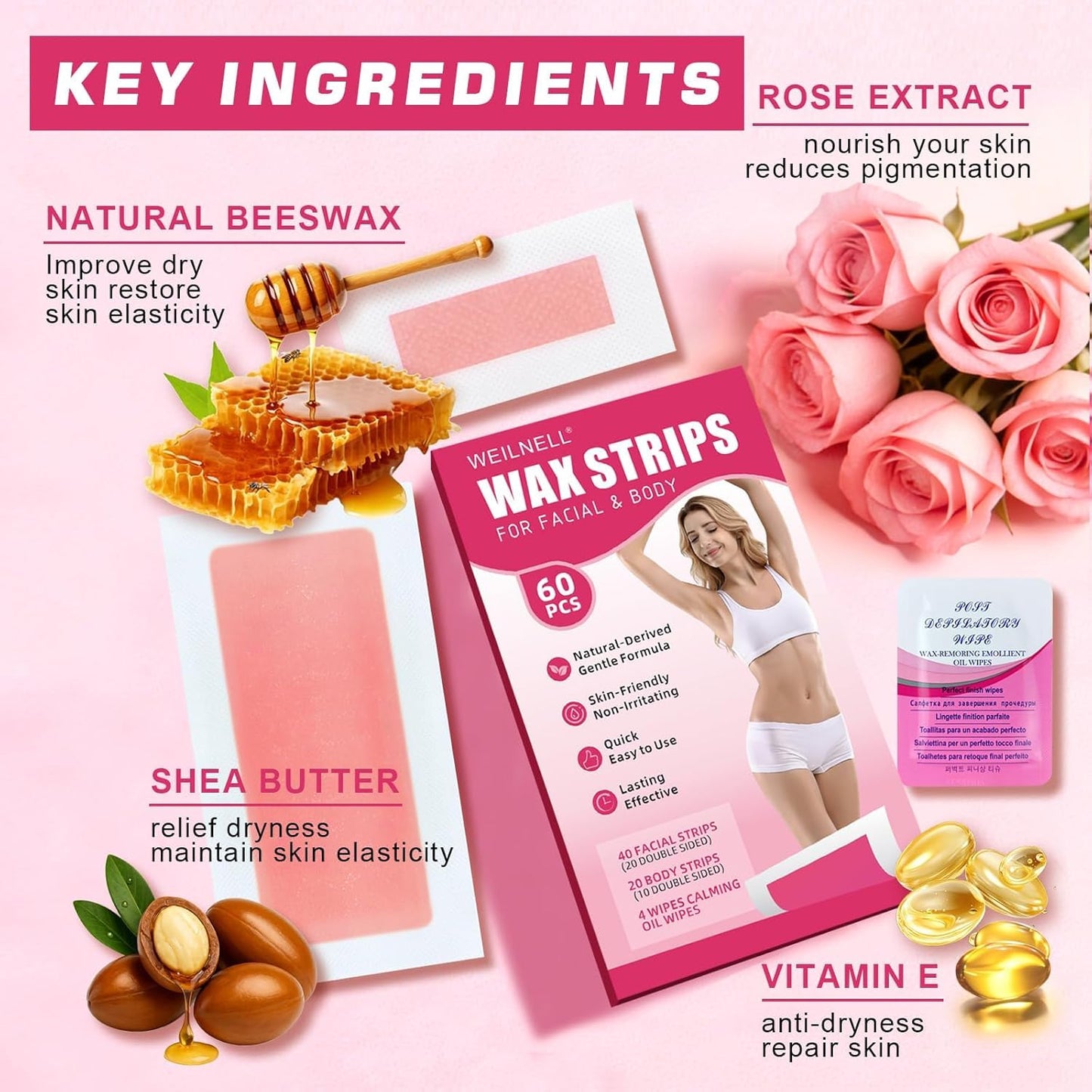 60 PCS Wax Strips for Hair Removal - 40 Facial & 20 Body Waxing Kit for Women's Hair Removal, Wax Strips for Face, Eyebrow, Arms, Legs, Chest, Back, Bikini/Brazilian Waxing Strips & 4Calming Oil Wipes