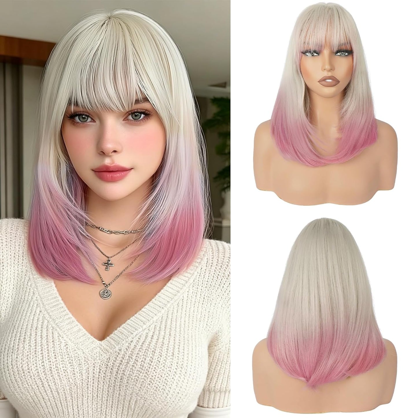 Blonde Bob Wigs with Bangs - Shoulder Length Straight Synthetic Hair | 16 Inch Platinum Blonde