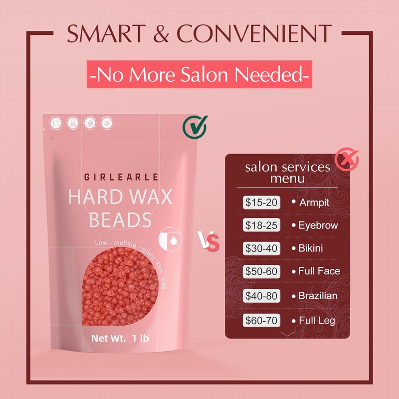 GIRLEARLE 1LB Hard Wax Beads for Hair Removal, Low Melt Hard Wax Beads with Red Rose Formula, Wax Beads for Brazilian Waxing & Sensitive Skin, Stripless Hard Wax for Bikini, Face & Body At-Home Waxing