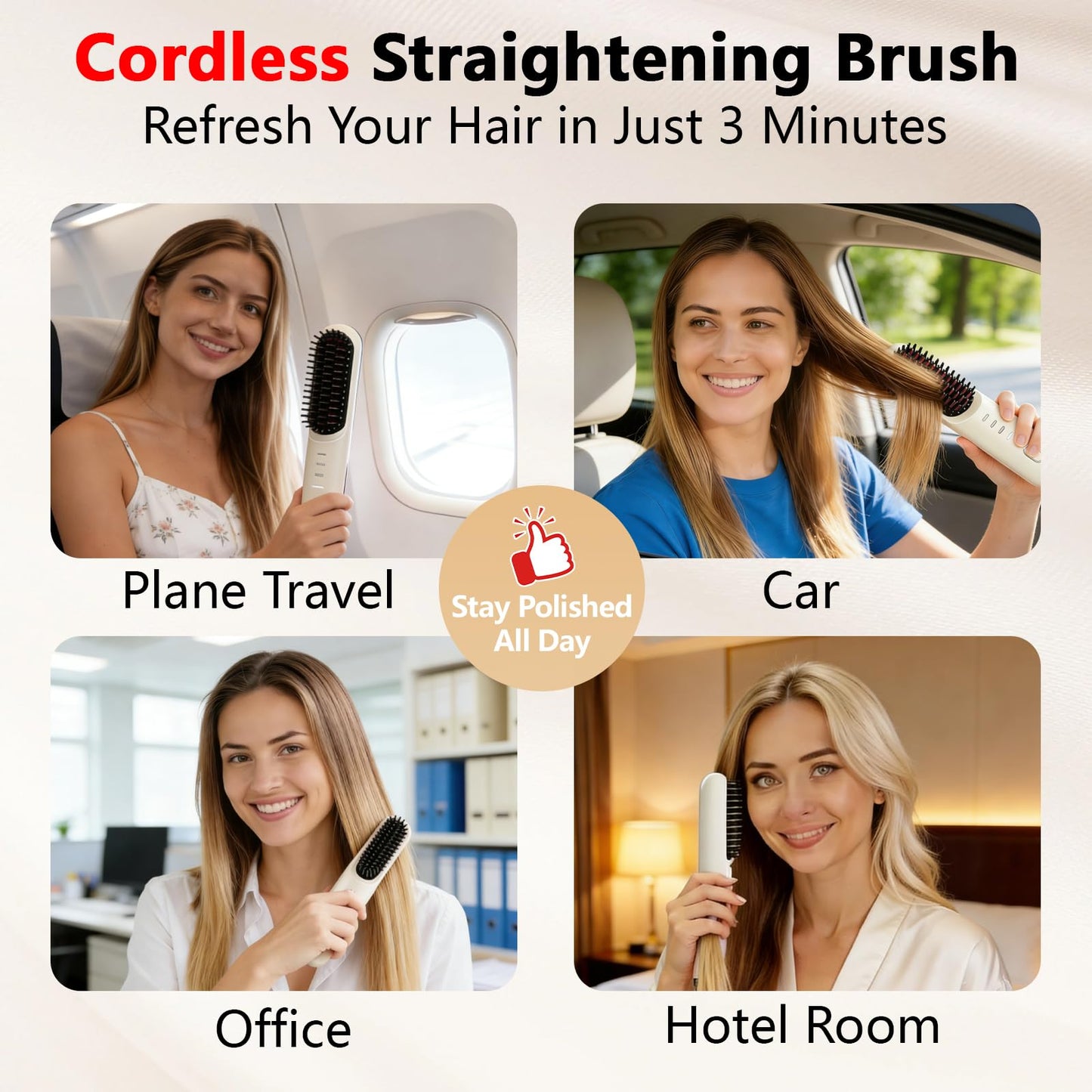 Go Brush Pro for Short Hair - 2026 Upgraded Cordless Hair Straightening Brush, 4 Temperature Settings, Fast Heat, MCH Ceramic Care, 4000mAh Rechargeable Straightener for Frizz-Free Styling（Beige）