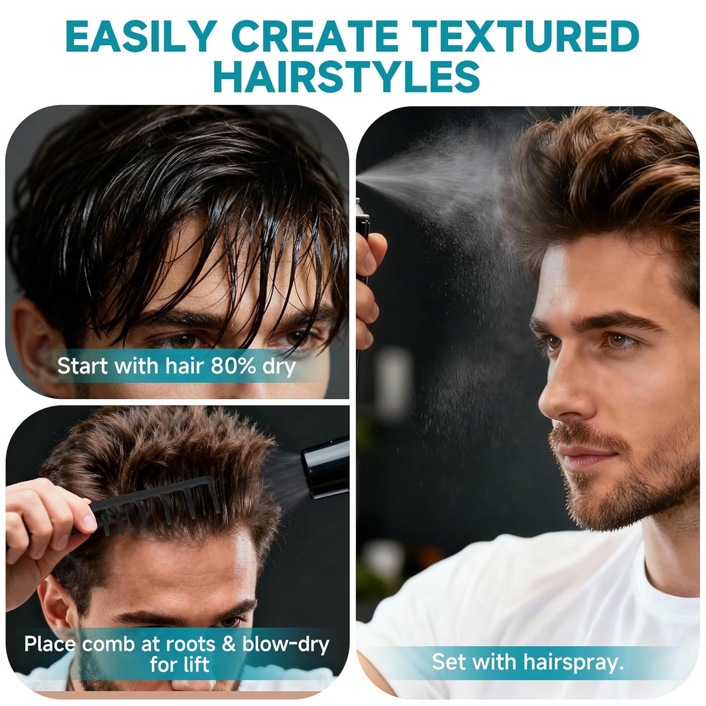 Volumizing Texture Comb - Wide-Tooth Styling Tool for Men & Women | Durable ABS Plastic, Textured Grip, Black