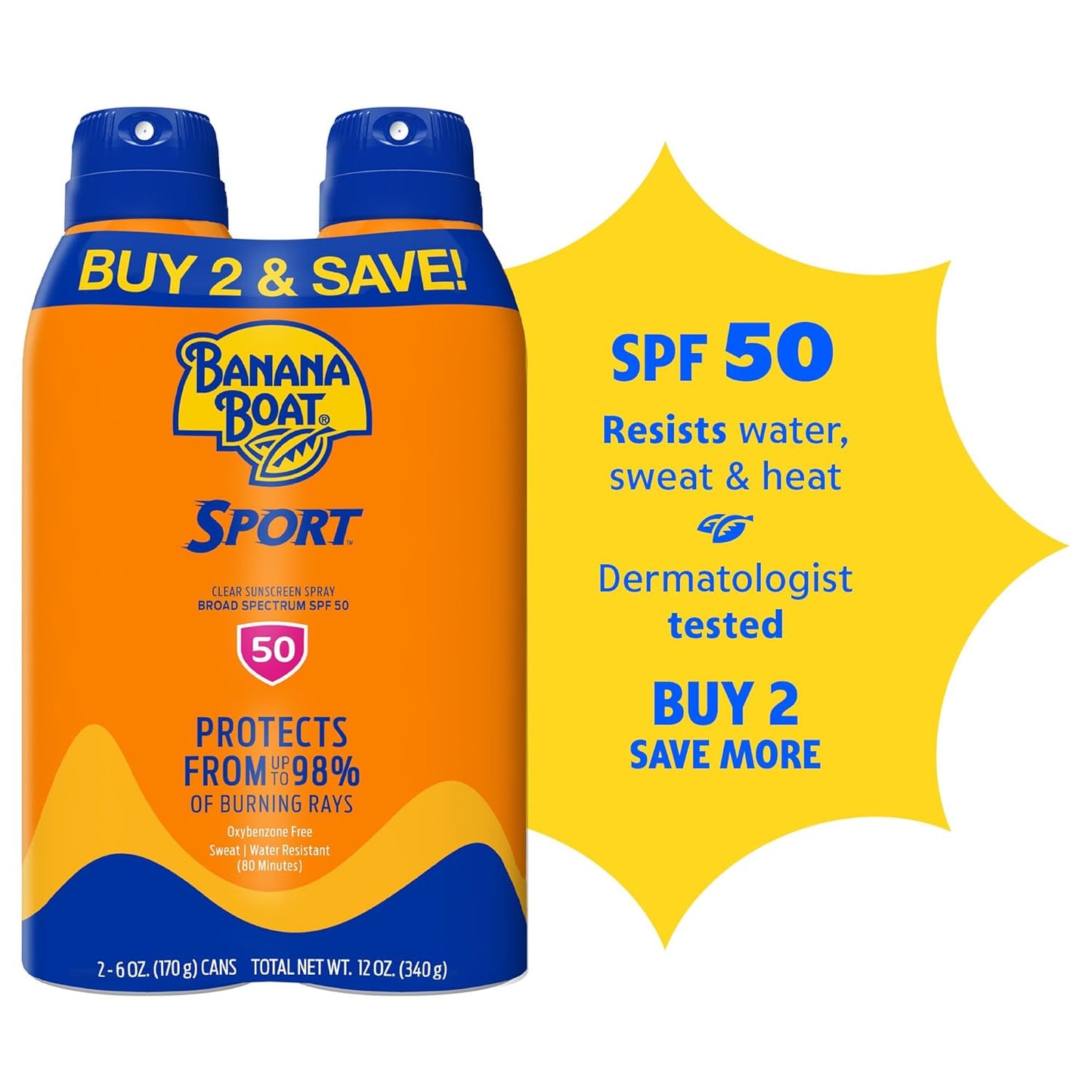 Banana Boat Sport Ultra SPF 50 Sunscreen Spray - Water Resistant, Oxybenzone Free | 6oz Twin Pack