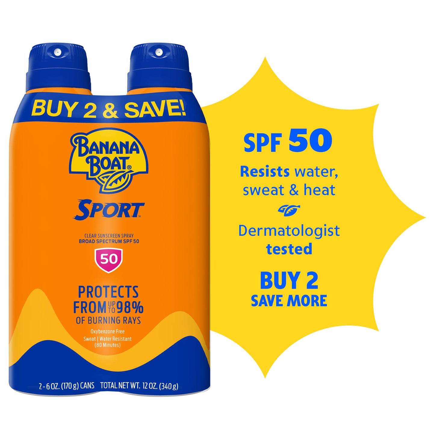Banana Boat Sport Ultra SPF 50 Sunscreen Spray | Banana Boat Sunscreen Spray SPF 50, Water Resistant, Oxybenzone Free, Sunblock, 6oz each Twin Pack