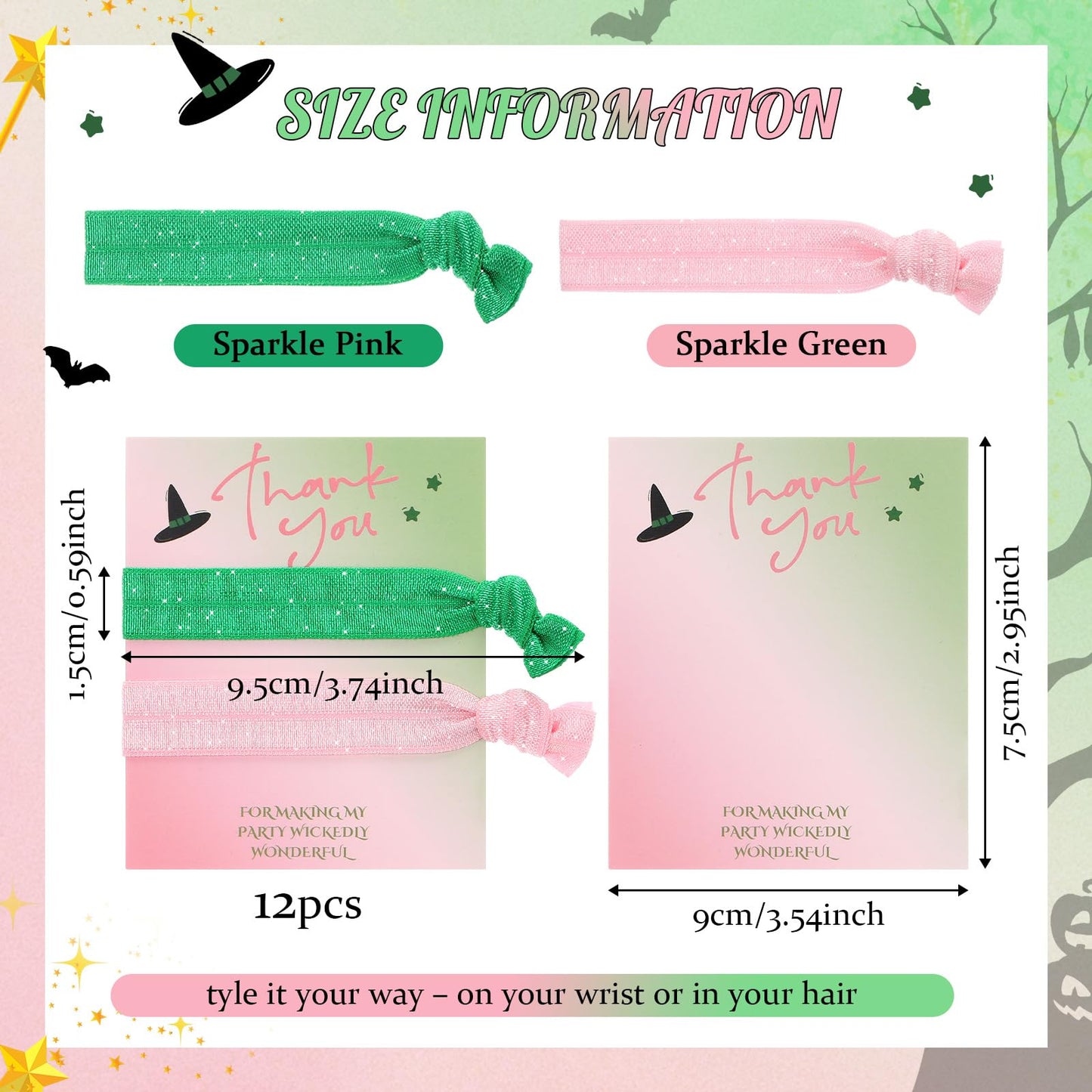 Yuxung 12 Sets Green and Pink Party Favors Elastic Witch Hair Ties Hair Accessories with Thank You Card for Witch Friendship Gifts