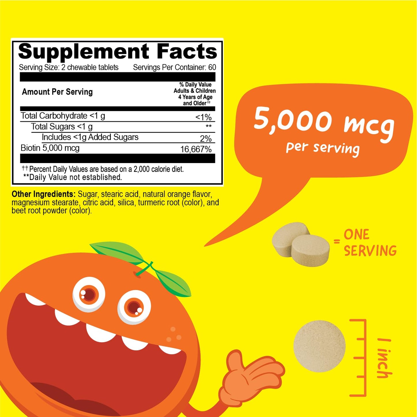 VitaWorks Kids Biotin 5000mcg Chewable Tablets | Tasty Biotin Supplement | Vegan, Non GMO | Hair Growth, Skin and Nail Heath | Hair Vitamins for Kids | 120 Chewables