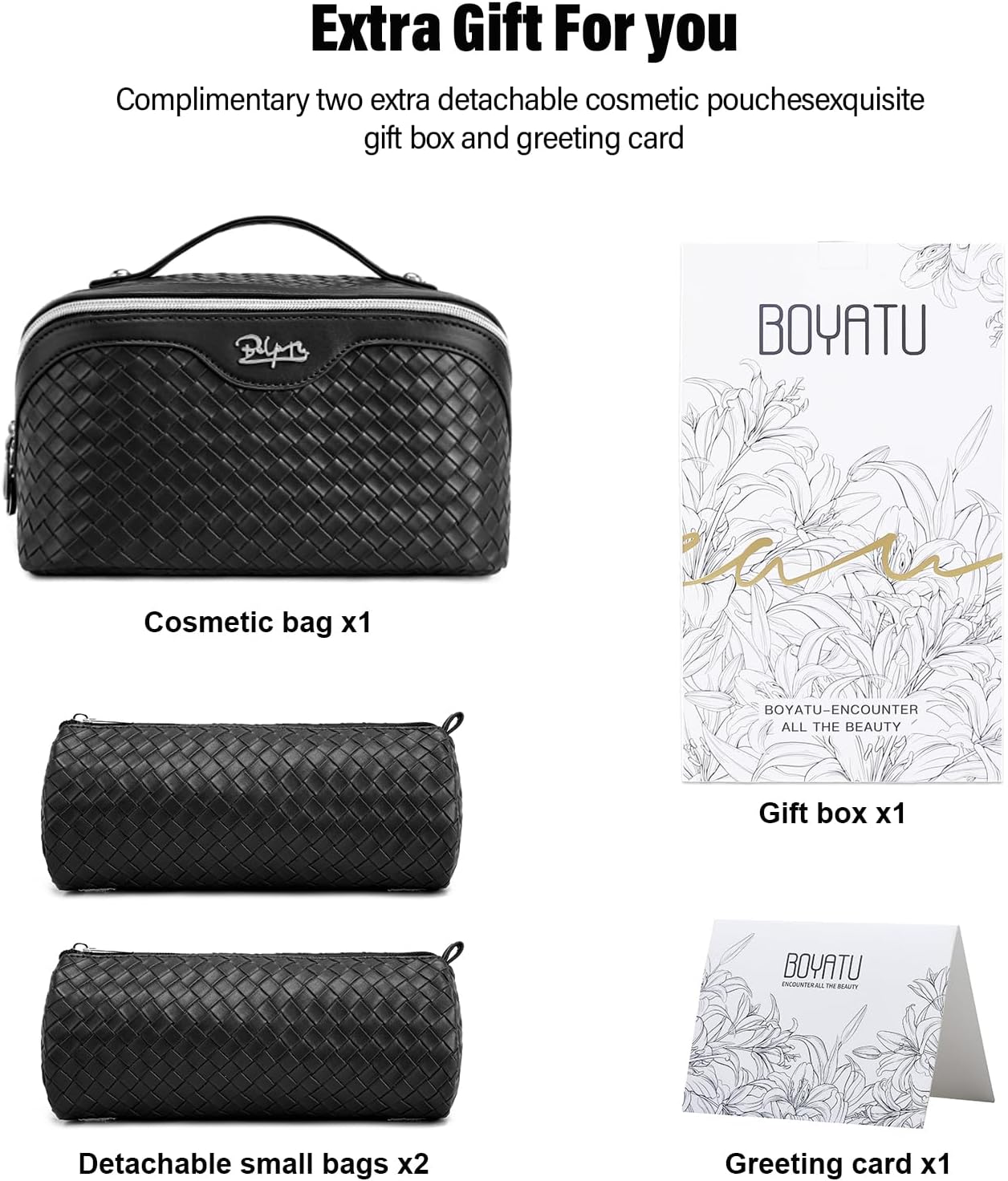 Travel Makeup Bags for Women - 3-Piece Vegan Leather Set | Waterproof Toiletry Organizer (L05 Black)