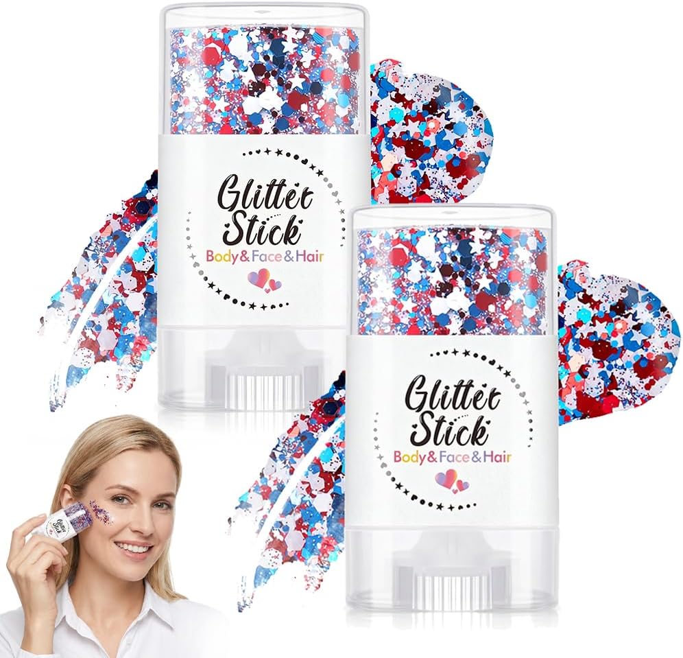 Patriotic Body Glitter Stick - Waterproof Red White Blue Face Glitter for 4th of July | 2-Pack