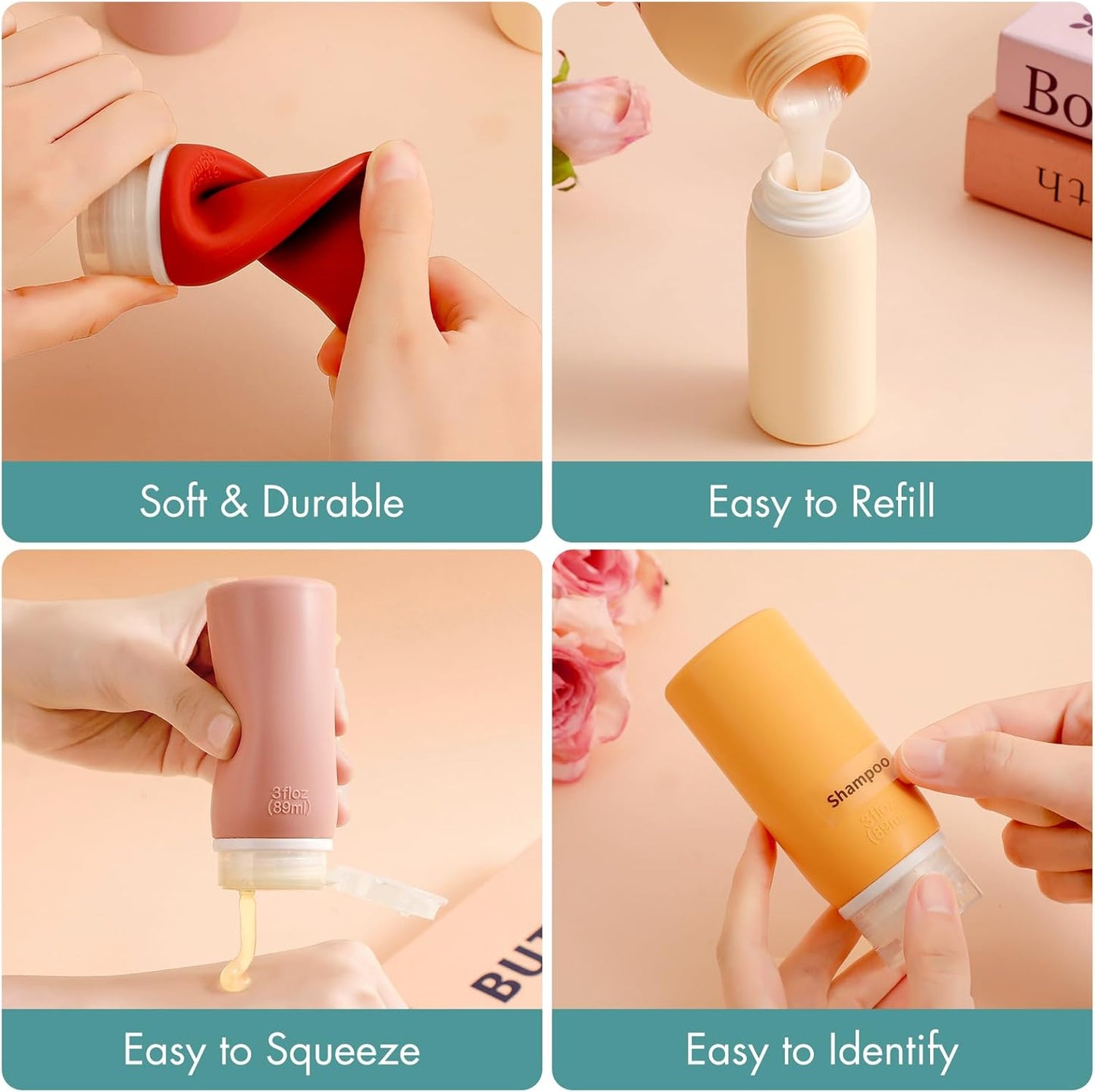 Travel Bottles for Toiletries - TSA Approved 3oz Leakproof Silicone Containers | Refillable Squeezable Shampoo & Conditioner Bottles