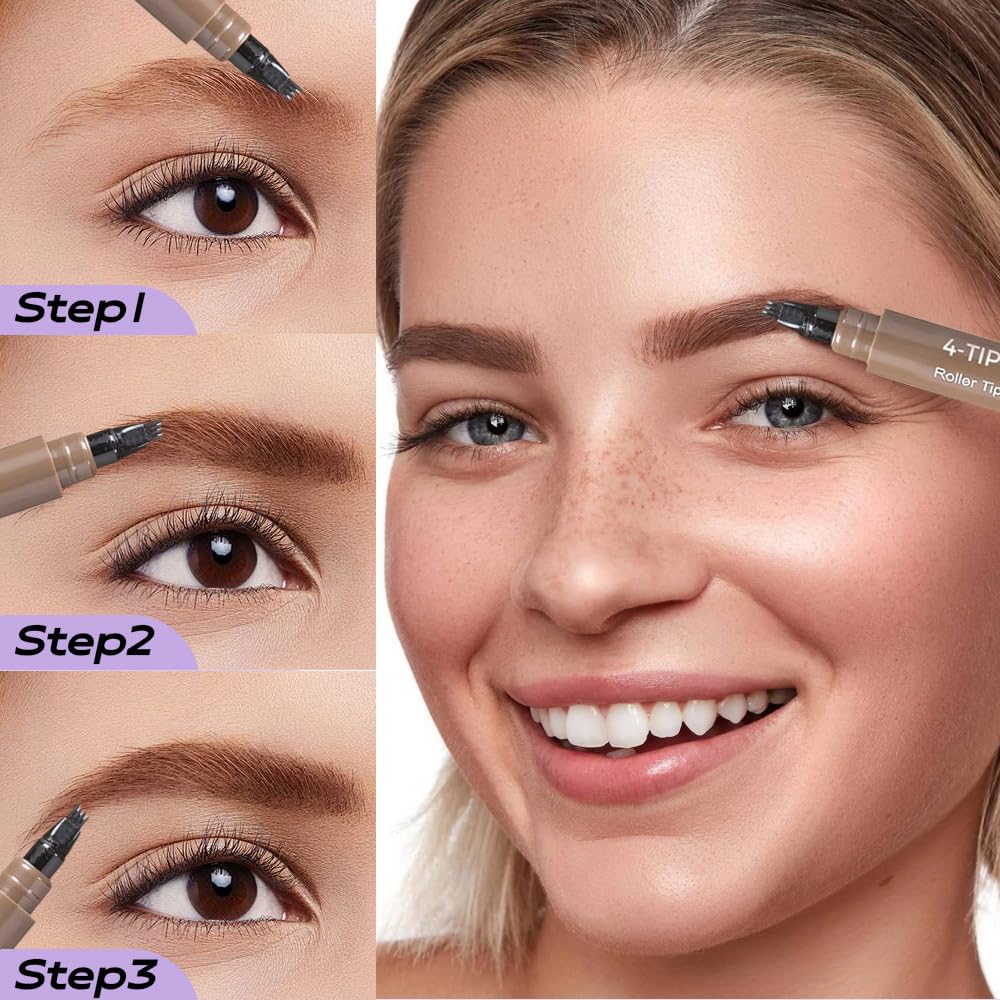 2PCS Microblading Eyebrow Pencils, 2026 Upgraded 4 Tipped 3D Waterproof Brow Pencil with Micro-Fork Tip Magic Eyebrow Contouring Pencil Brush for Women Natural Makeup (Light Brown)