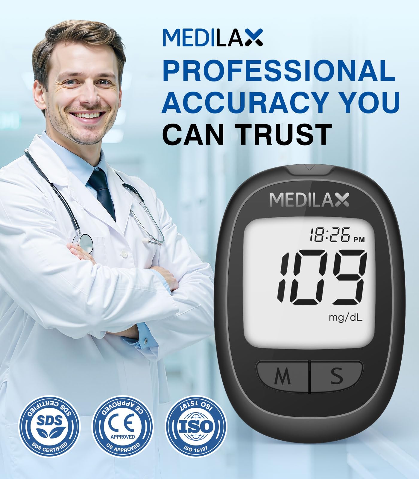Medilax Blood Glucose Monitor Kit, 100 Test Strips & 100 Lancets Blood Sugar Testing Kit with Glucometer and Lancing Device, No Coding, 500 Storage Glucose Monitor for Home Use, Diabetes Testing