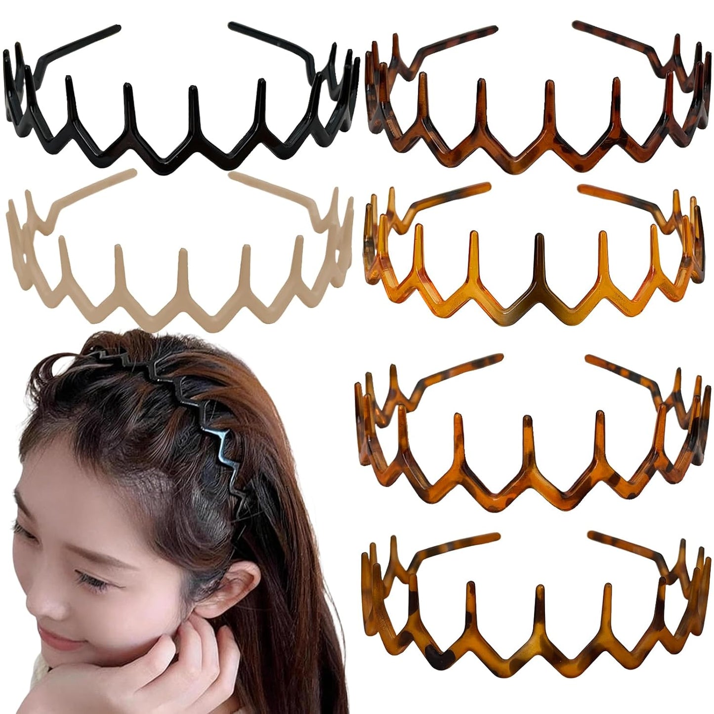 Zig Zag Headbands for Women - Non-Slip Hair Bands with Teeth | 6 Pack Retro Style Hair Accessories