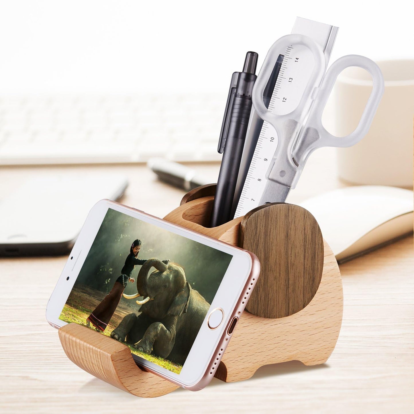AhfuLife Wooden Elephant Cell Phone Holder/Stand with Pen&Pencil Holder/Pot, Desk Decoration Multi-functional Supplies Stationery Organizer, Christmas Gift Birthday Graduation Gift