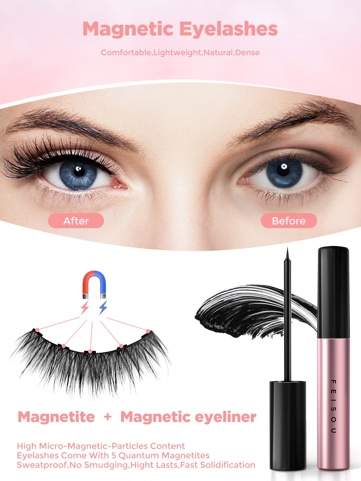 Magnetic Eyelashes with Eyeliner Kit, (5-Pairs) Reusable Eyelashes, Magnetic lashes Natural Looking with Eyeliner & Tweezers, Easy to Wear-No Glue Needed