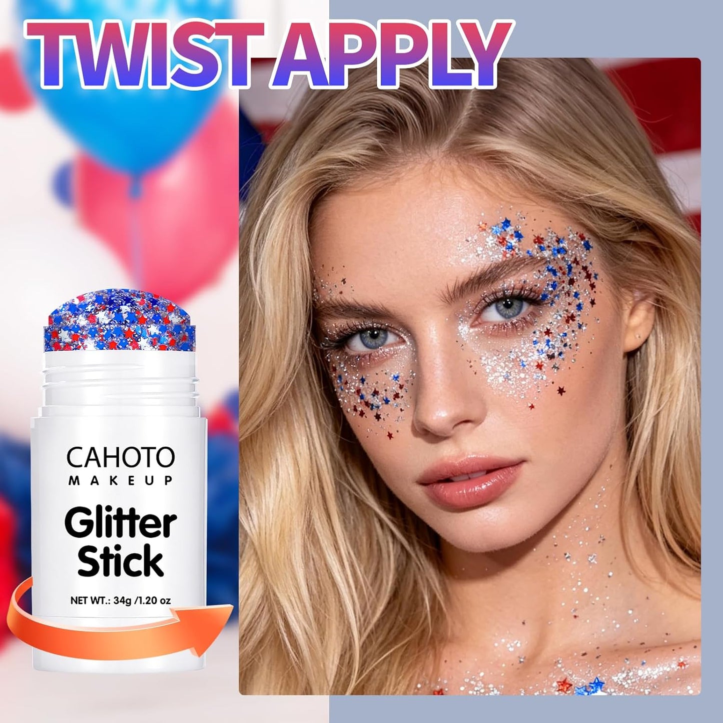 Glitter Stick - Red White Blue Star for Face, Body & Hair | Patriotic Sparkling Sequins for 4th of July & Memorial Day, 1.2oz