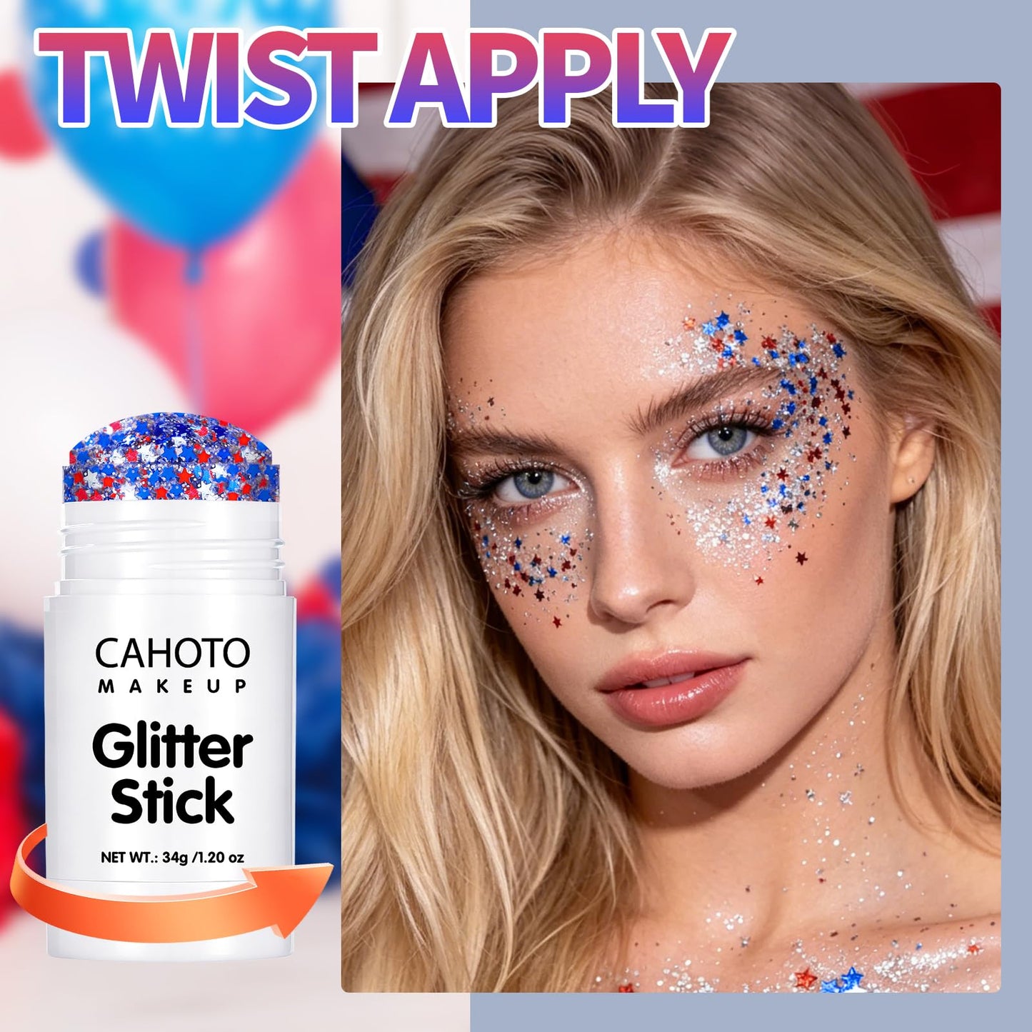 CAHOTO Starlet Glitter Stick, Red White Blue Star for Face Body Hair
