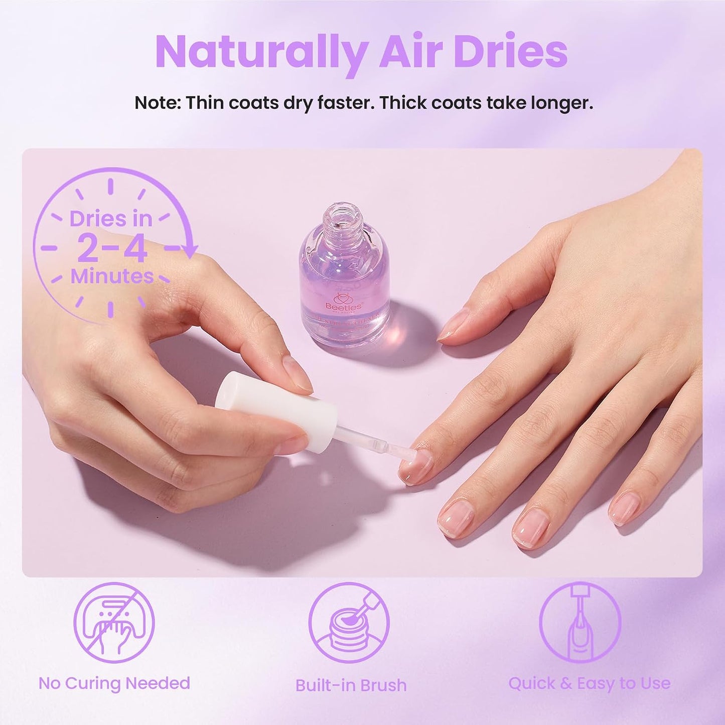 Beetles Nail Strengthener - Grape Nail Enhancer for Damaged Nails | 15ml Air Dry Polish for Natural Growth