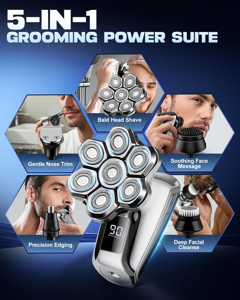 7D Floating Blades Electric Razor - Head Shavers for Bald Men | IPX7 Waterproof 5-in-1 Grooming Kit
