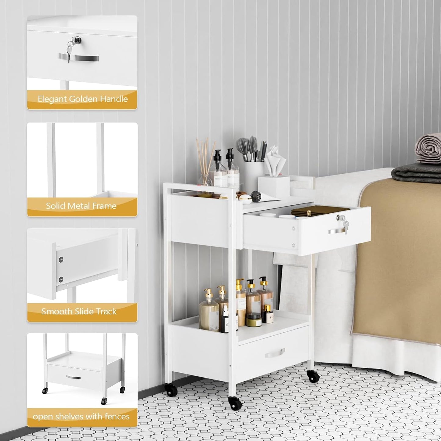 OmySalon Salon Trolley Cart - Mobile Beauty Spa Organizer with 2 Drawers & 2 Trays | White