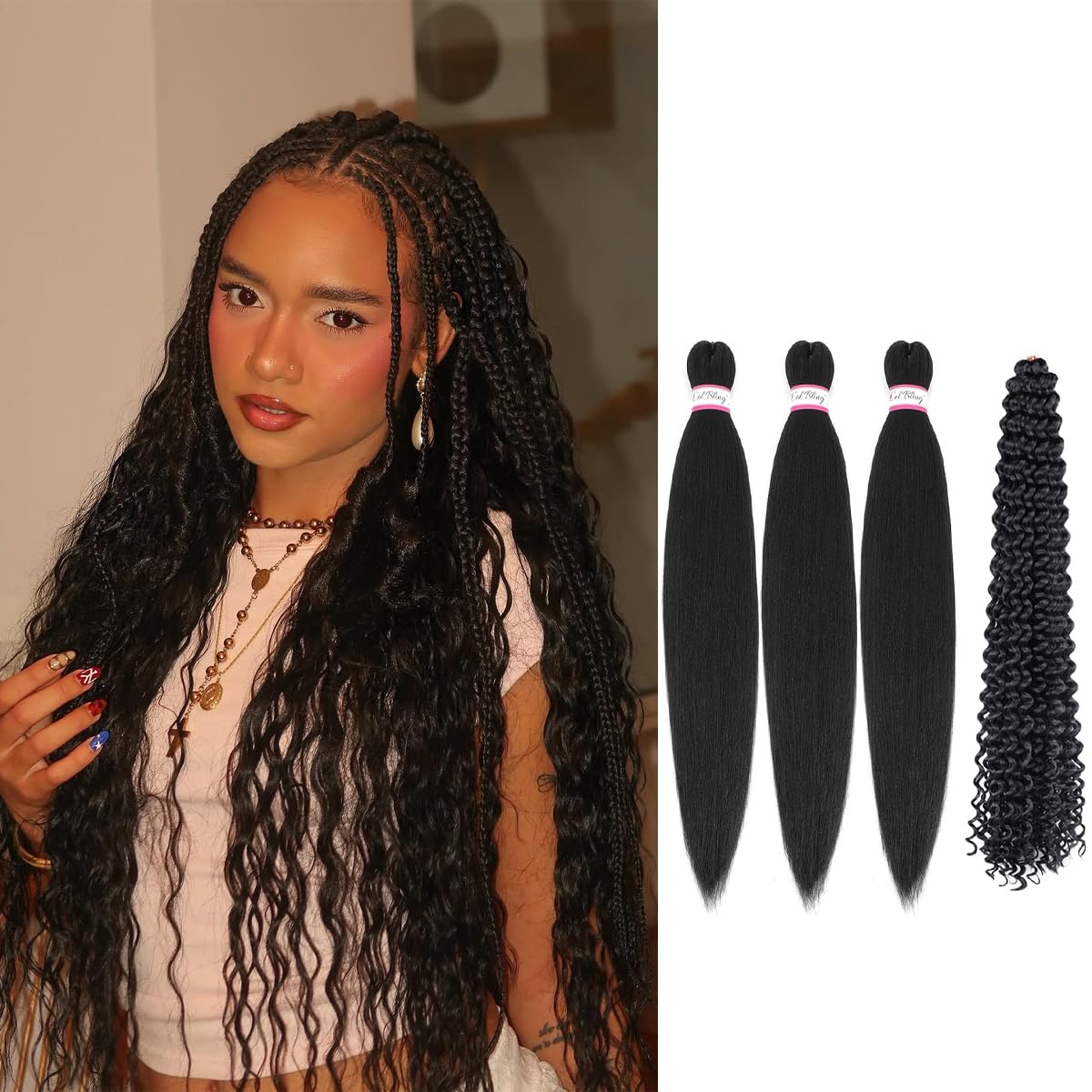 Ocean Wave Crochet Hair Extensions - Deep Wave Synthetic Braiding Hair for Women | 24 Inch, #1B (Pack of 2)