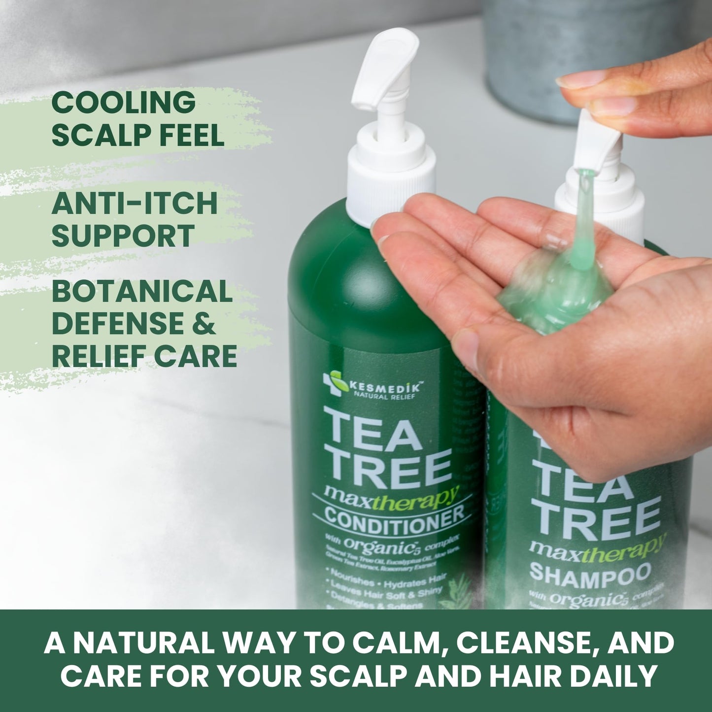 KESMEDIK Tea Tree Oil Shampoo and Conditioner MaxTherapy Set, Itchy Scalp Relief, Refreshes & Cleanses Dandruff & Buildup, Clarifying for Oily Hair, Women & Men, 16 fl oz Each