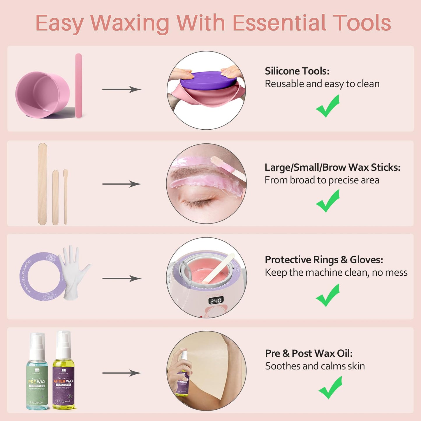 BLITZWAX Brazilian and Bikini Waxing Kit for Women, Hard Wax Warmer for Face, Legs, and Body, At Home Hair Removal Kit, Beginner Friendly, Quick Heating, 6 Packs Wax Beads