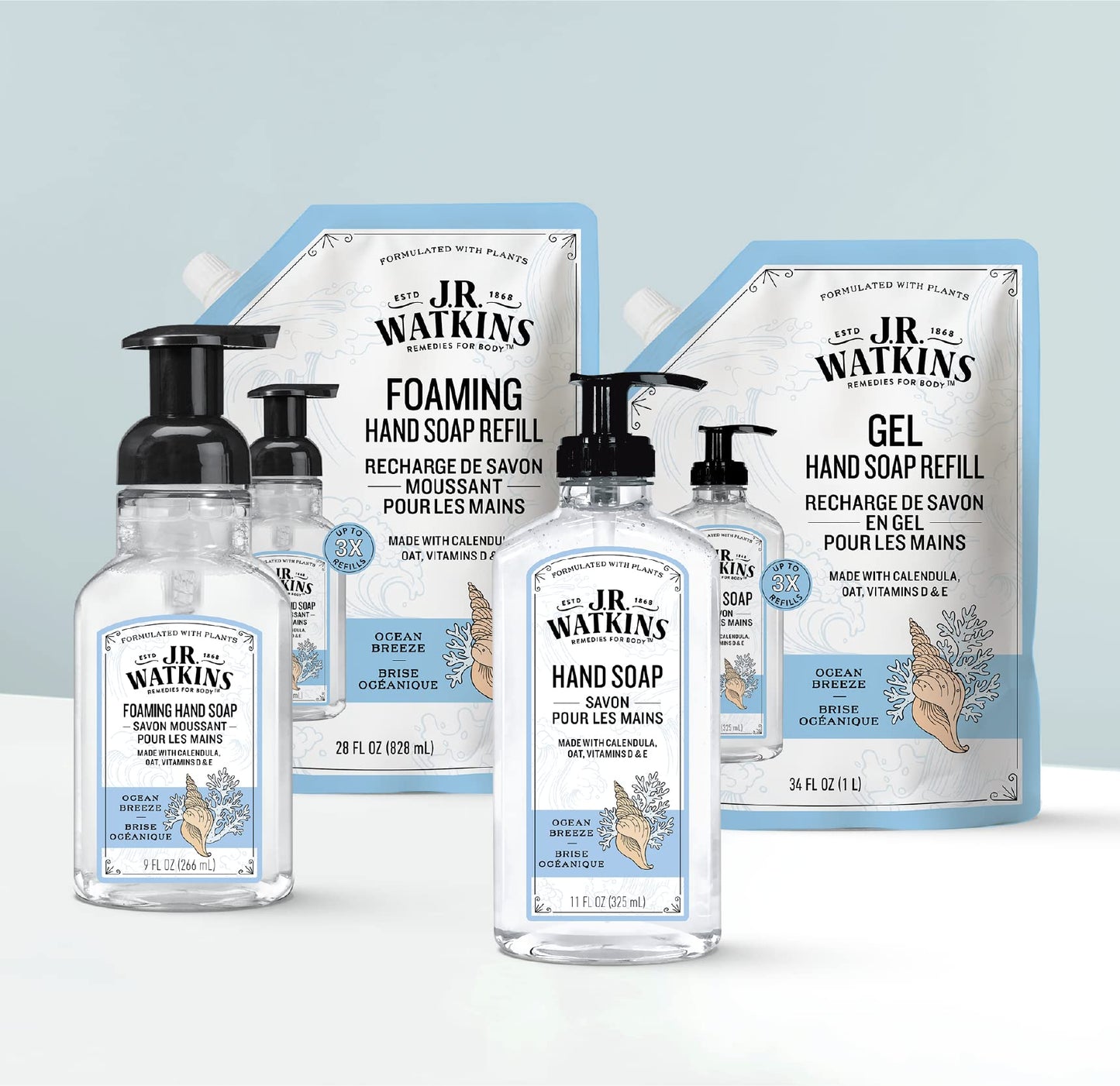 J.R. Watkins Gel Hand Soap, Scented Liquid Hand Wash for Bathroom or Kitchen, USA Made and Cruelty Free, 11 fl oz, Ocean Breeze, 3 Pack