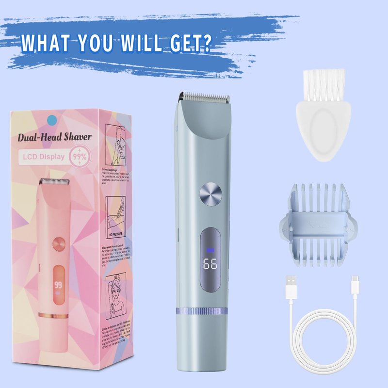 Bikini Trimmer for Women, 2 in 1 Electric Shaver for Women, Rechargeable Electric Razor Body Hair Trimmer Wet & Dry Use, Blue