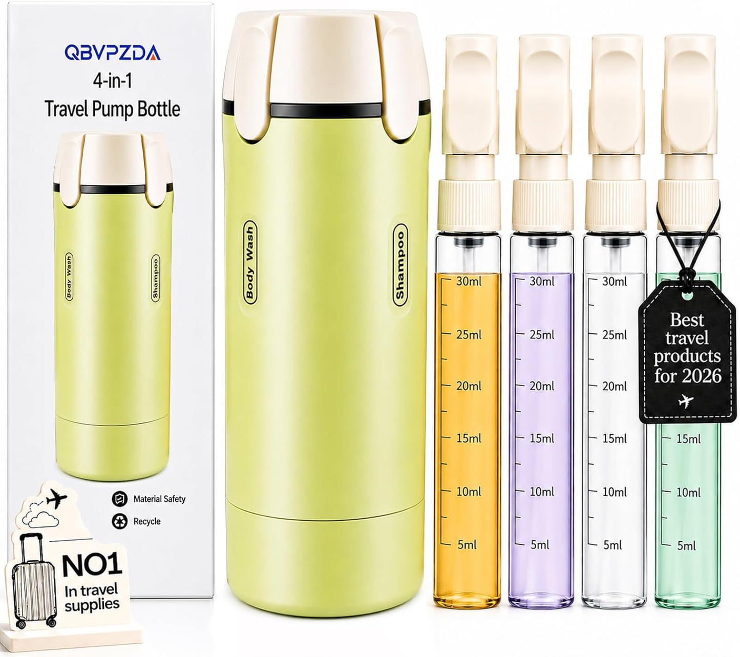 Travel Dispenser Bottle - 4-in-1 Leak Proof Toiletries Container | Portable Green Refillable for Shampoo, Lotion, Body Wash