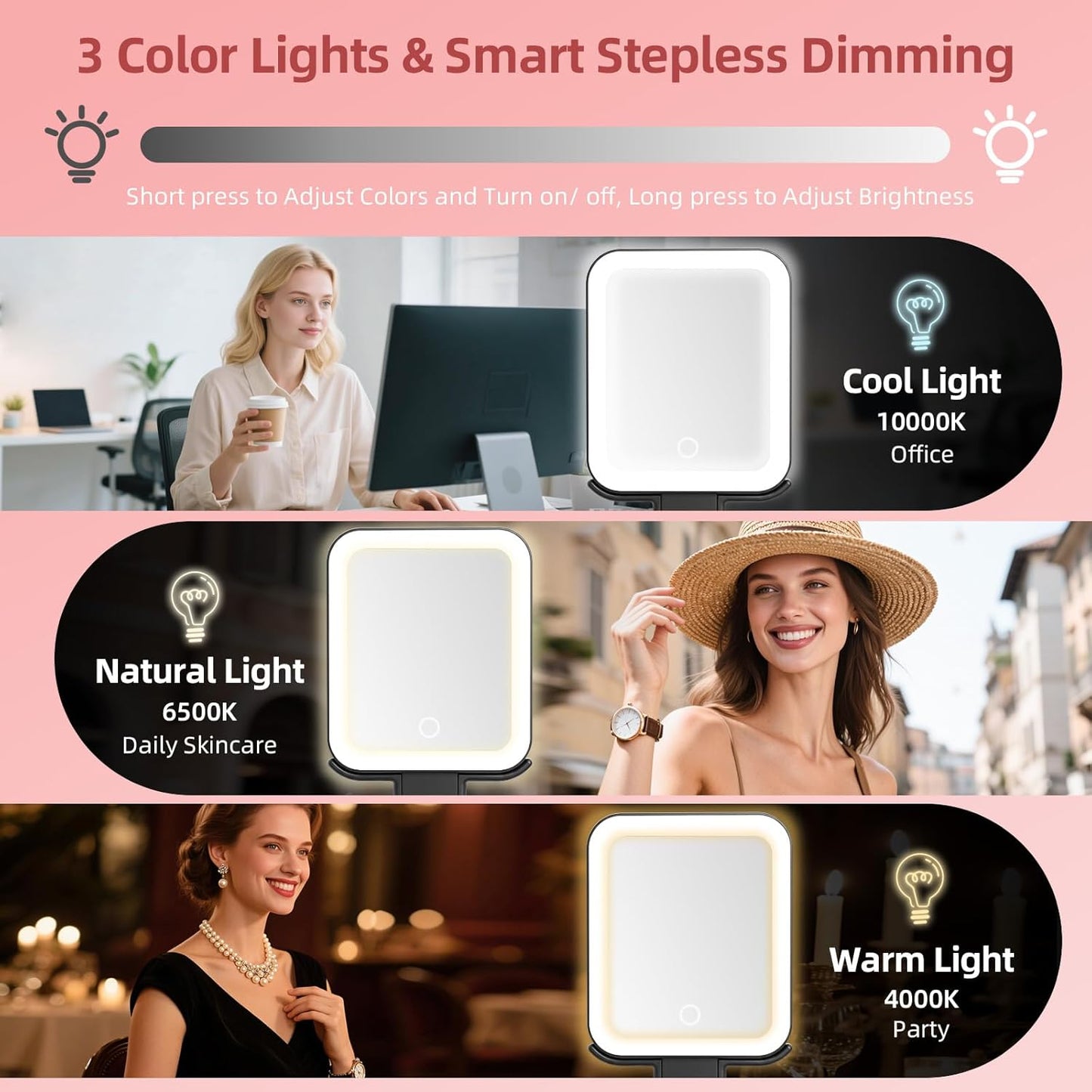 Rechargeable Travel Mirror with Lights - 10X/1X Double-Sided, 3 Color Lighting | Smart Touch Dimming, Precision Tweezers (10.3"x5.2")