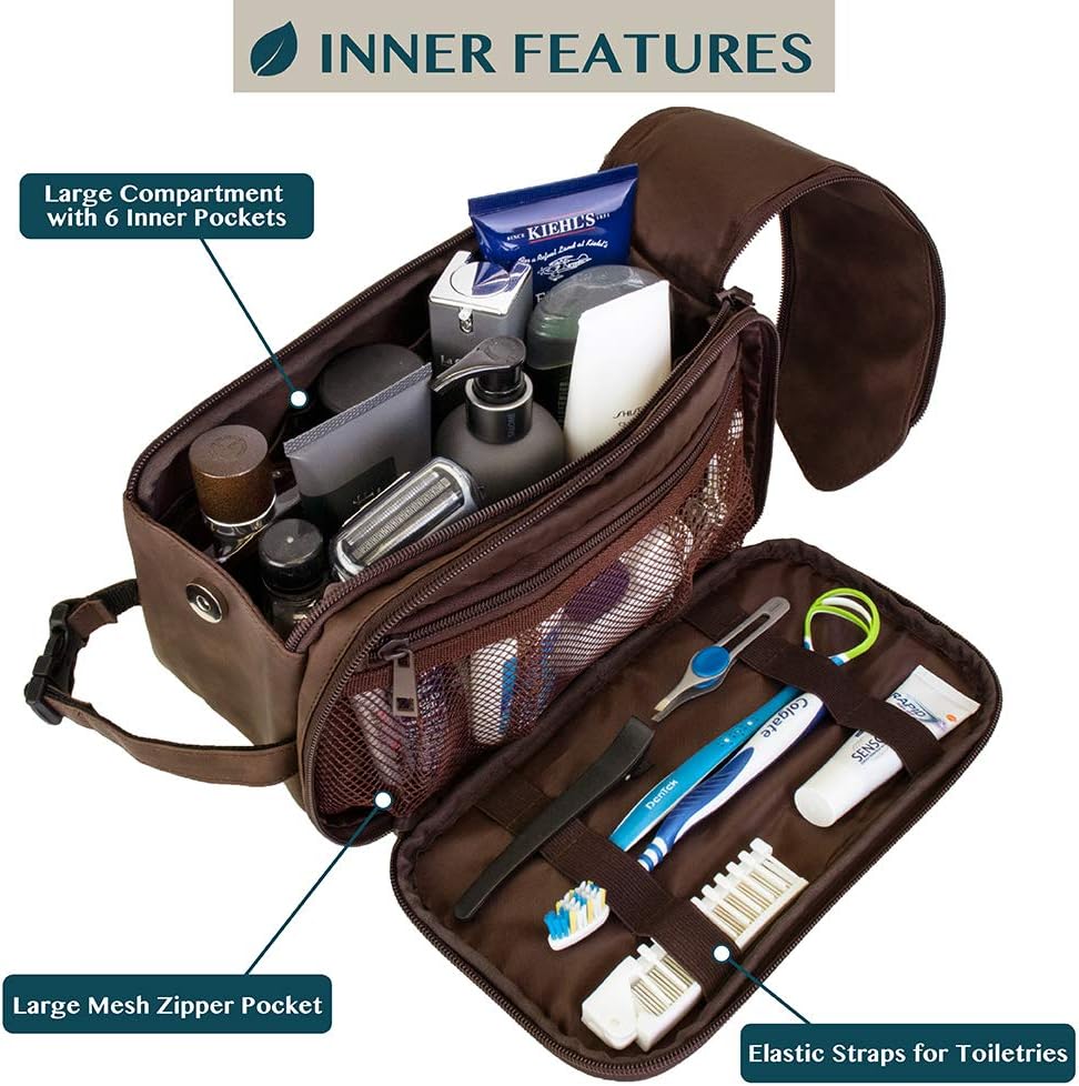 Toiletry Bag for Men - Travel Dopp Kit Organizer | PU Leather, Water Resistant, Dark Brown