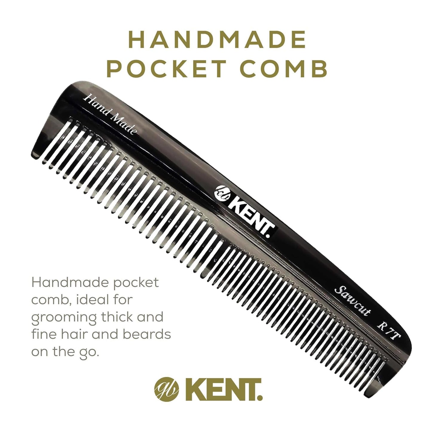 Kent R7T Graphite Fine Tooth and Wide Tooth Hair Comb - Handmade Pocket Comb for Men, Best Beard and Mustache Comb for Everyday Grooming, Sawcut made in England