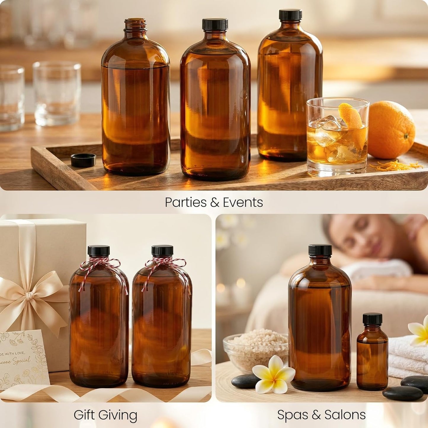 Amber Glass Boston Round Bottles - 32 oz | 4 Pack Leakproof Storage for Kombucha, Extracts & Oils