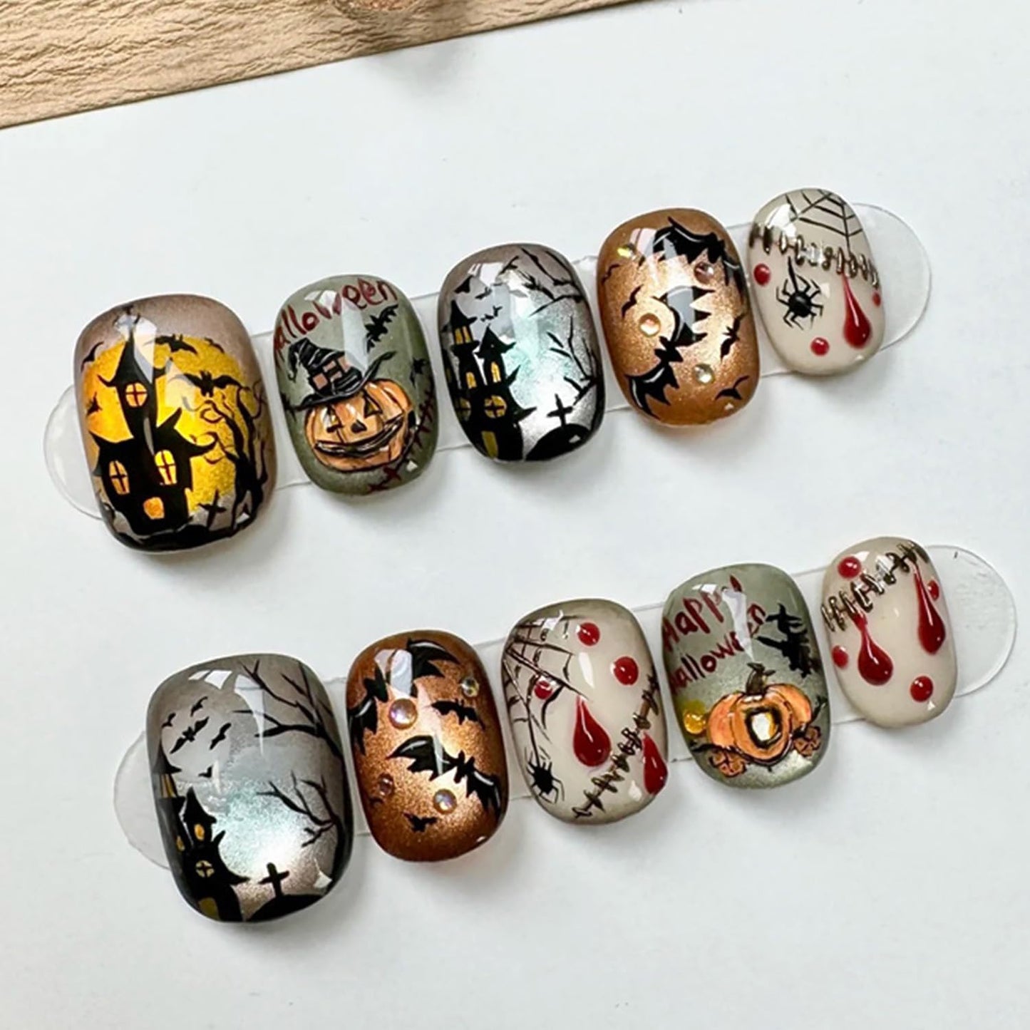 Blue Flower Press-On Nails - Medium Almond French Tip with Bow Design | Glossy Full Cover for DIY Manicure