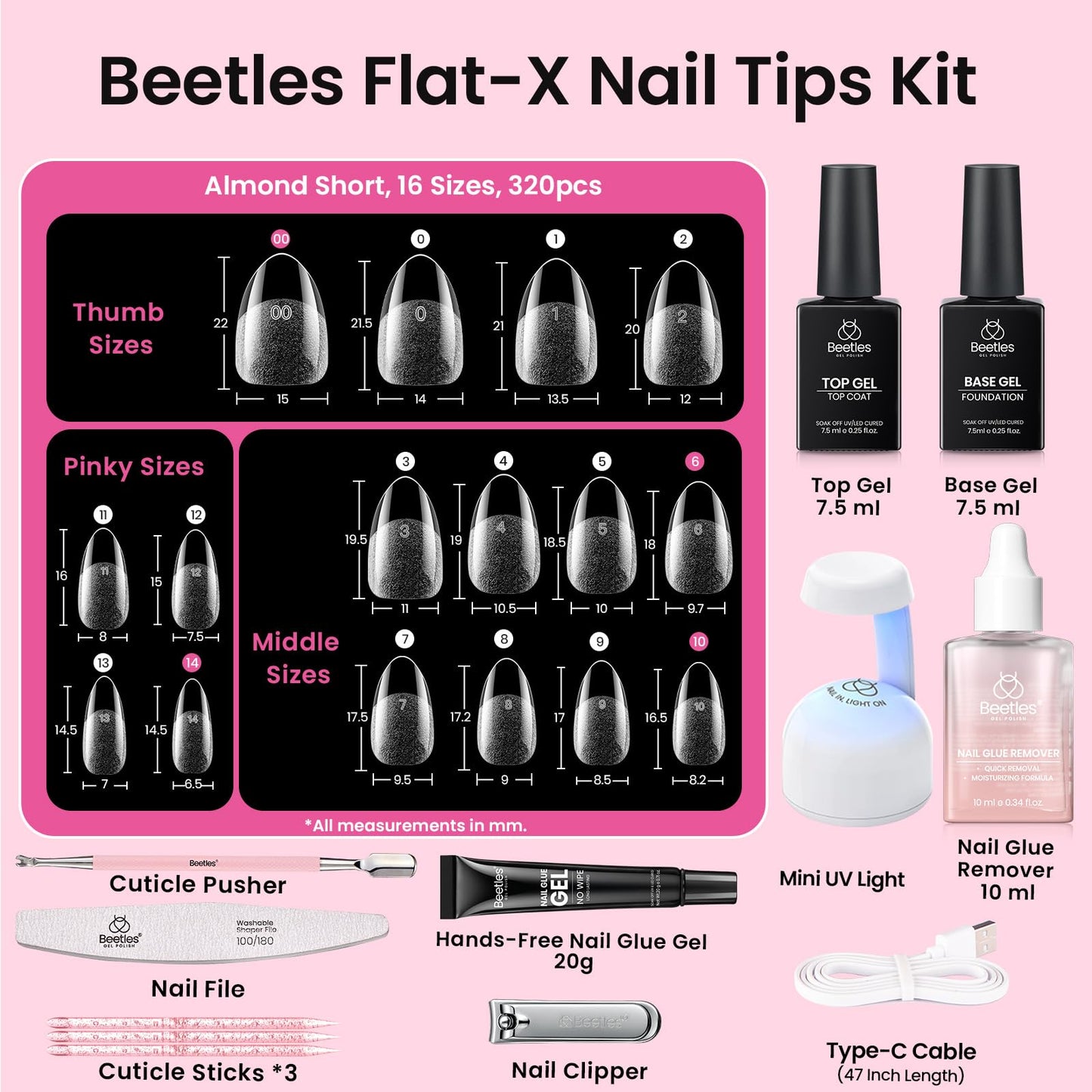 Beetles Gel Nail Kit Flat-X, Almond Short, 320pcs 16 Sizes Nail Tips, 20g Nail Glue Gel Hand-Free,10ml Glue Remover, 7.5ml Base Gel & Top Coat, Mini Lamp, Acrylic Press On Nail, Extension DIY at Home