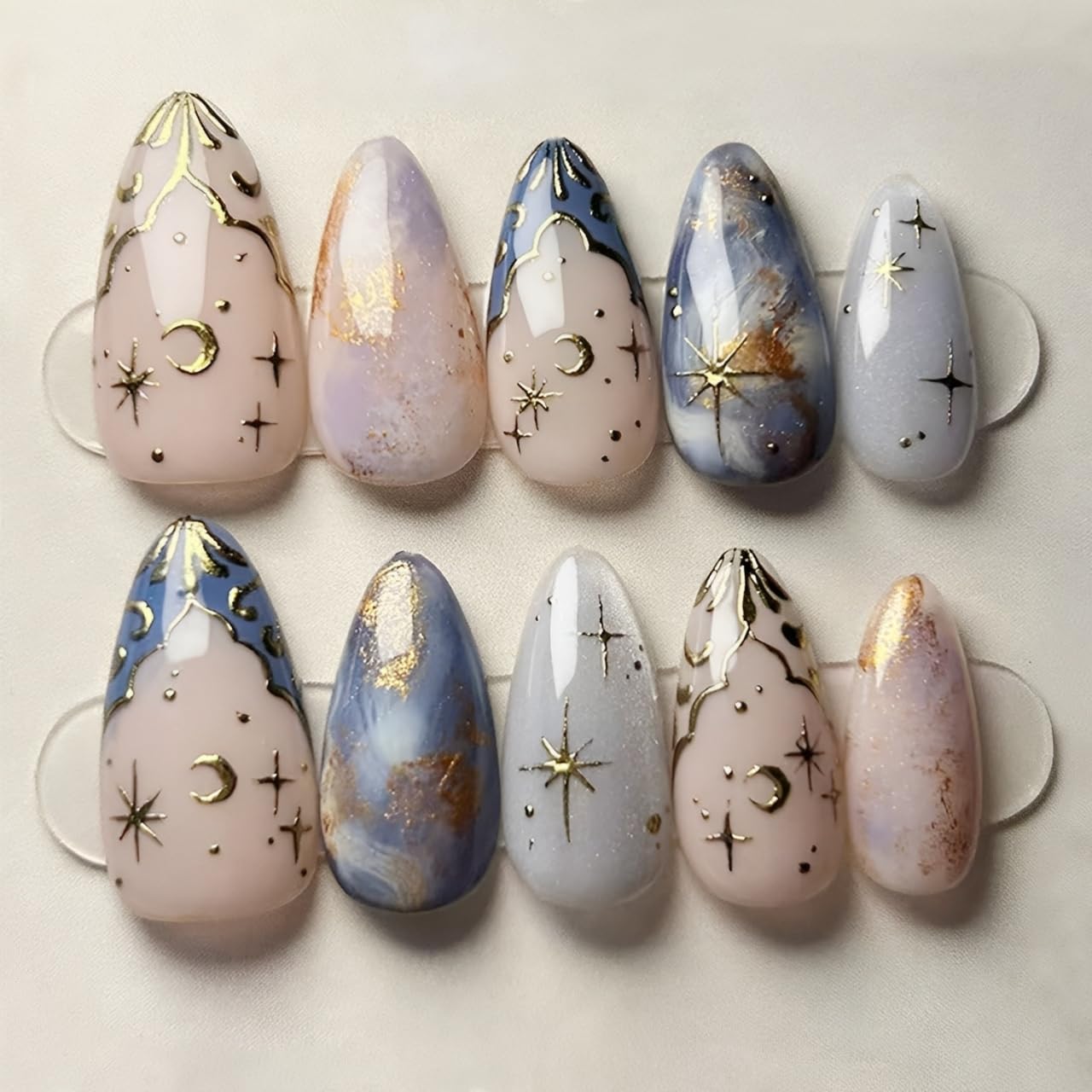 Flower Press-On Nails - 10 Pcs Short Almond Style with Gold Shell & Starfish Rhinestones | Reusable Cute Handmade Acrylic Nails for Women & Girls