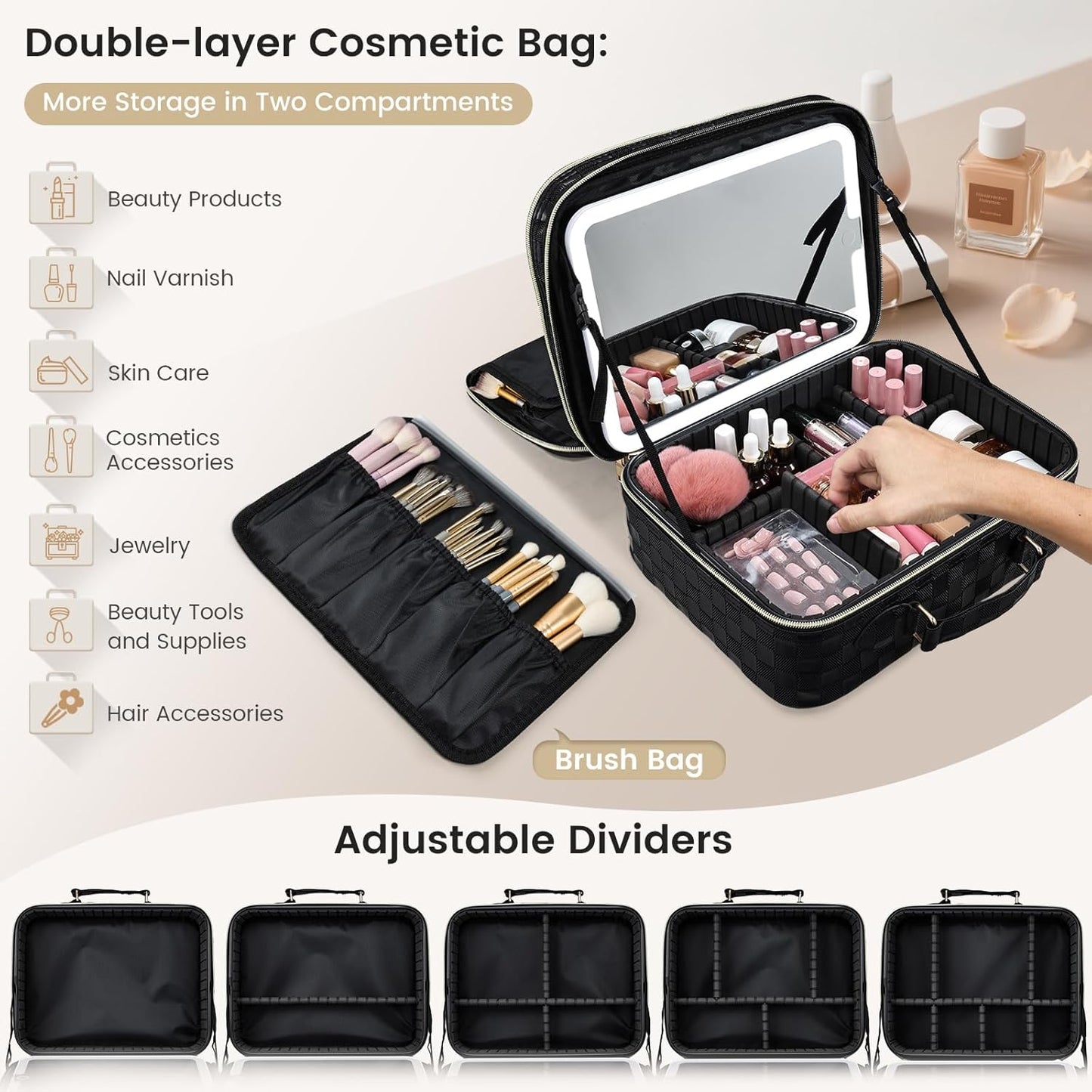 LED Lighted Makeup Bag - Double Layer Cosmetic Train Case with Adjustable Brightness | Black Checkerboard Design